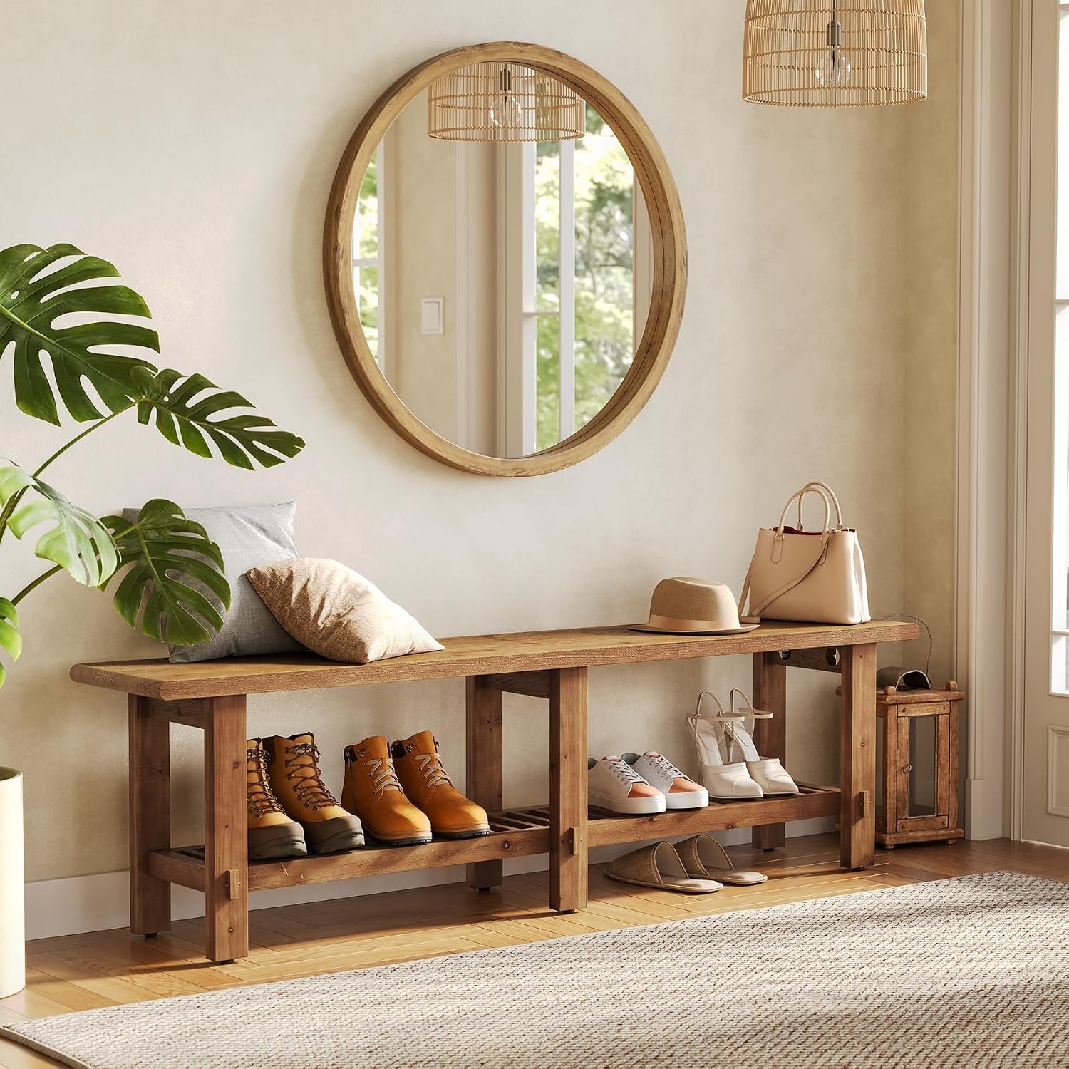LITTLE TREE Solid Wood Entryway Shoe Bench, 63″ Farmhouse Narrow End of Bed Bench with Storage Rack for Bedroom, Living Room, Entry Way, Front Door, Window, Hallway, Rustic Brown