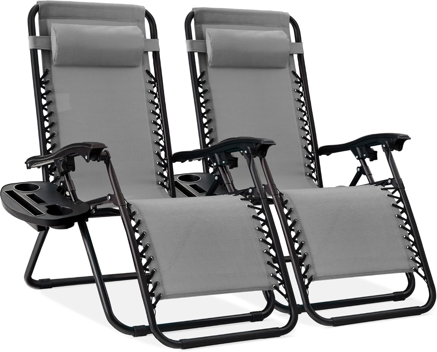 Best Choice Products Set of 2 Adjustable Steel Mesh Zero Gravity Lounge Chair Recliners w/Pillows and Cup Holder Trays – Ice Gray