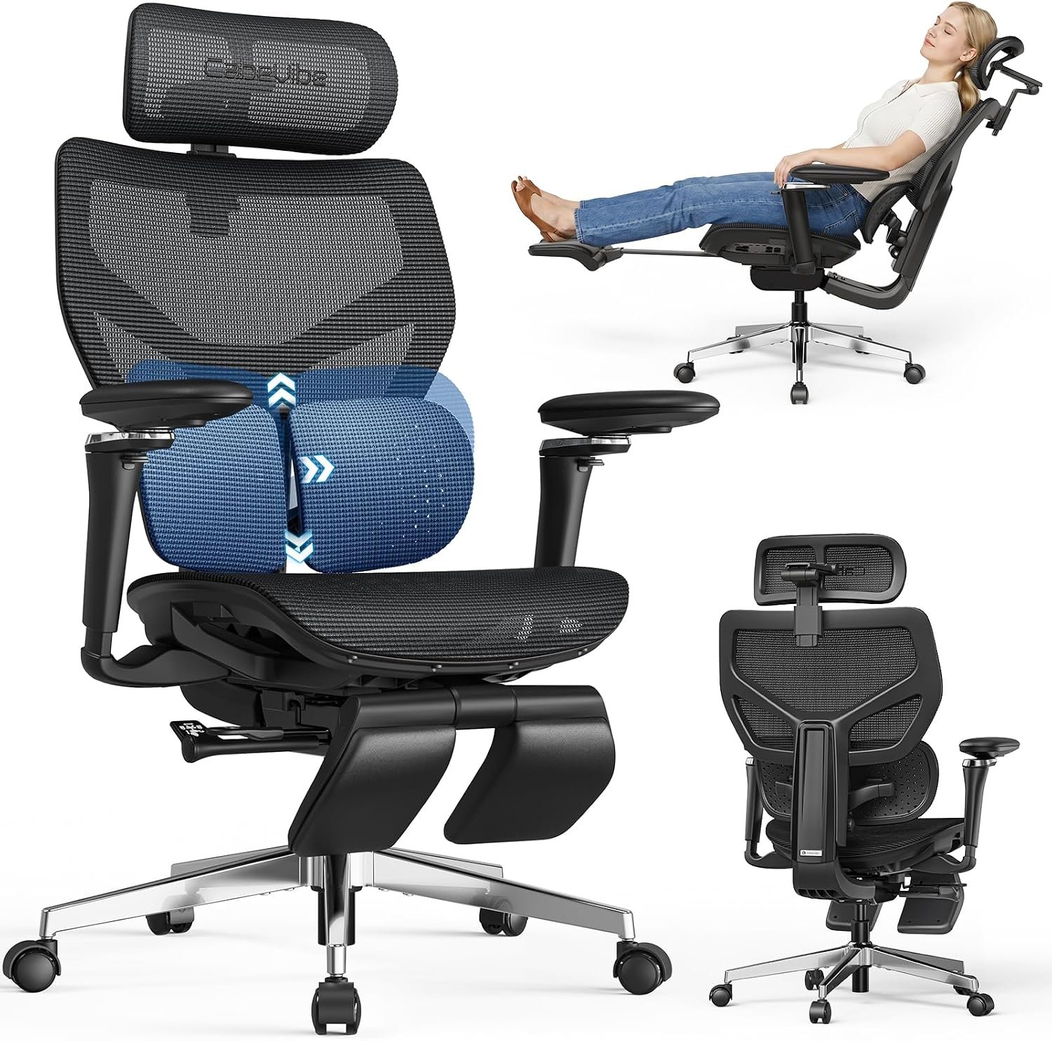 Ergonomic Office Chair with Adaptive Dual-Wing Lumbar Support – Over 10 Hours Sitting Comfortable Mesh Big and Tall Home Desk Chair, 4D Headrest, 2-Gear Footrest, 630° Armrst, Seat Depth Adjustable