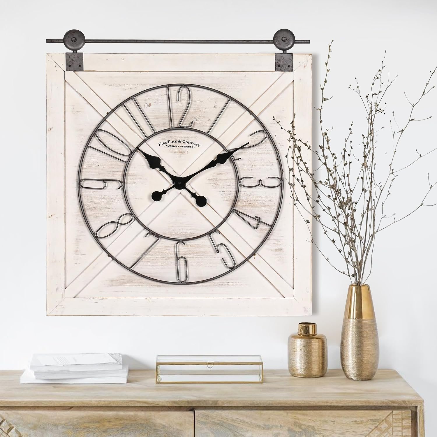 Oakrain Rustic Large Wall Clock, Classic Vintage Hanging Clock, Silent Non-Ticking Square Wall Clock for Living Room Bedroom Office, Numeral, Distressed White, 27”x29”