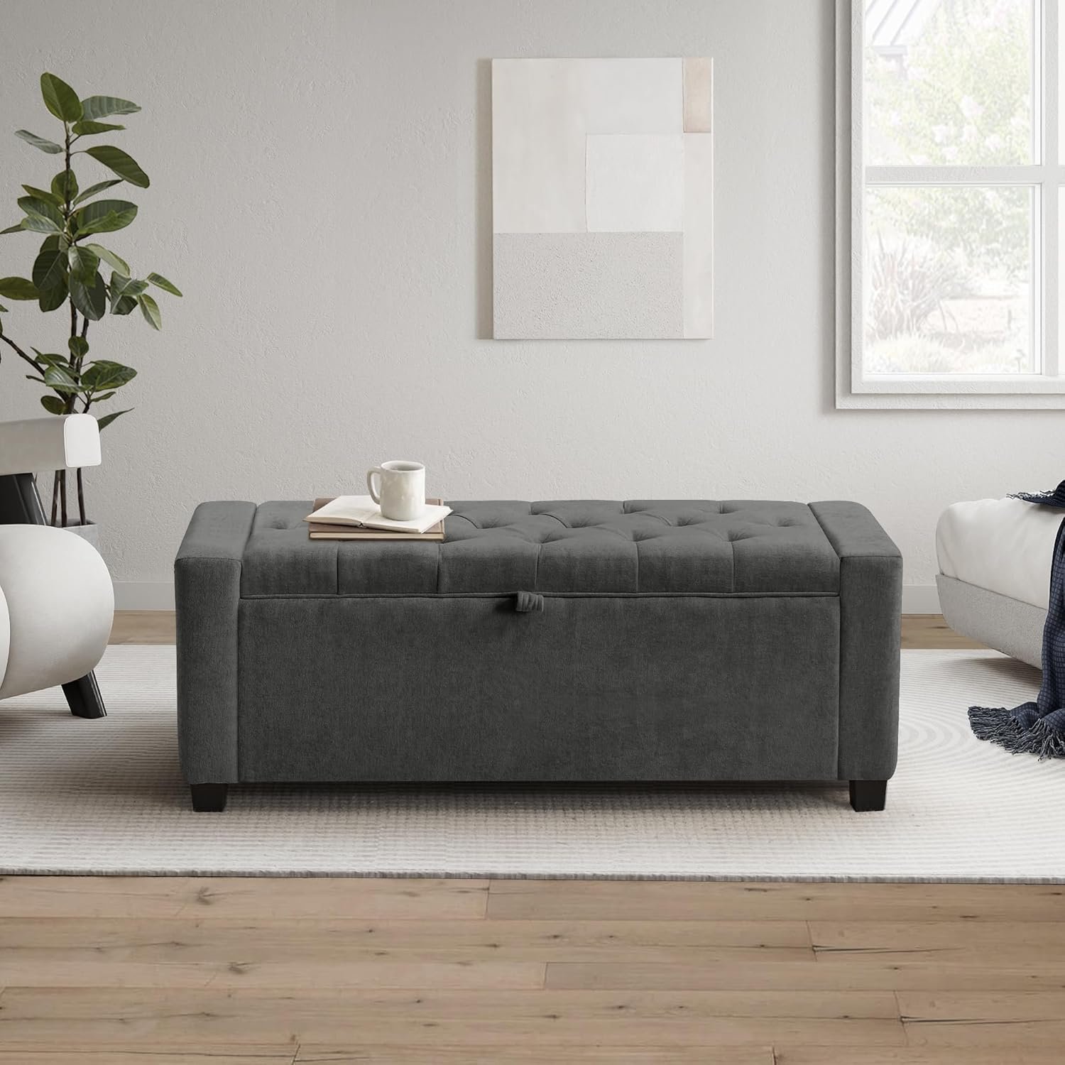 GRAINELL 42.13” Storage Ottoman Bench, Upholstered Tufted Bedroom Bench with Storage, End of Bed Storage Bench for Living Room & Entryway, 350 lb Capacity, Linen Dark Gray