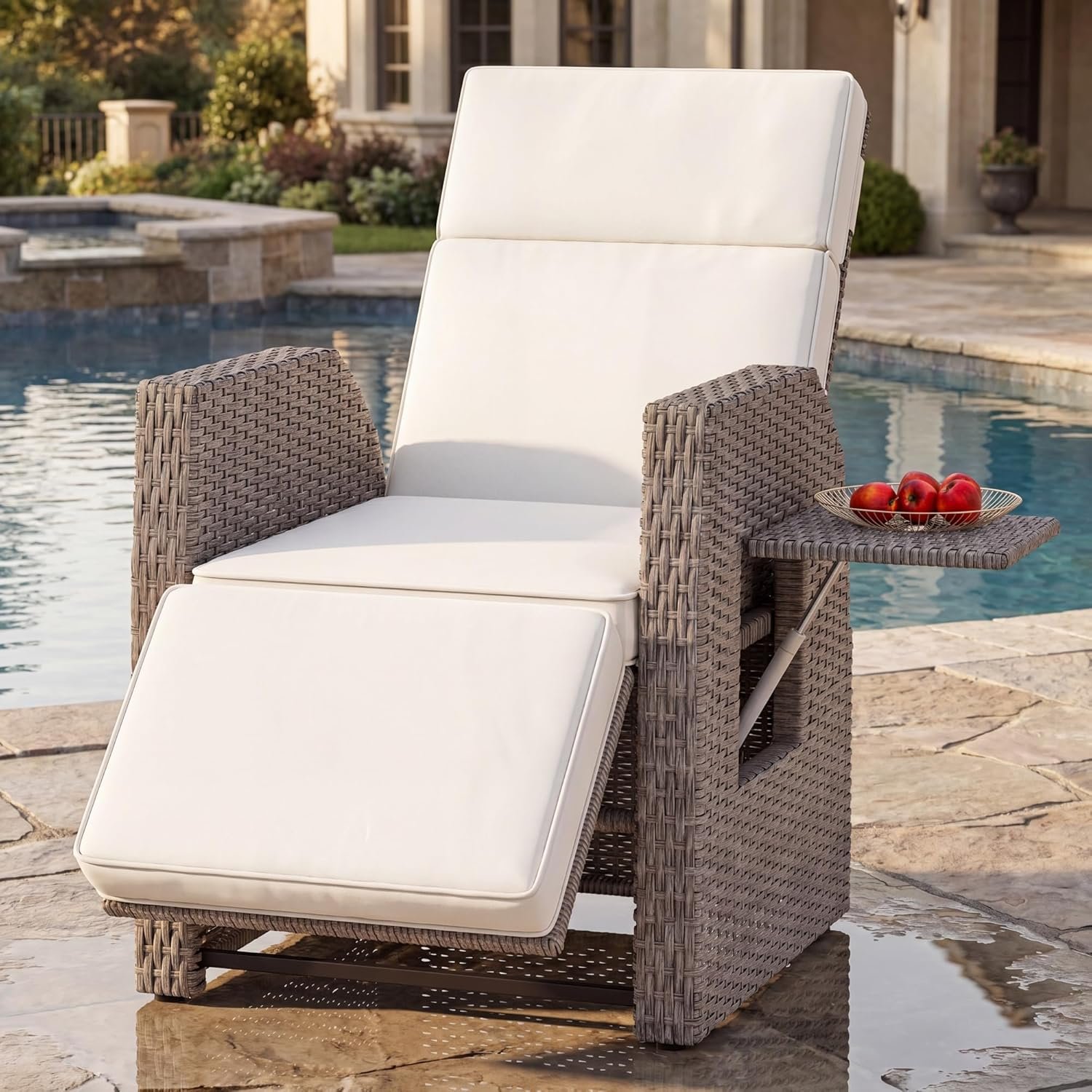 YITAHOME Outdoor Recliner Chair, Wicker Recliner Chair w/150° Reclining, Adjustable Footrest, Flip Table, Reclining Lounge Chair with 2.8″ Thick Cushions for Deck Backyard Pool Side, Beige