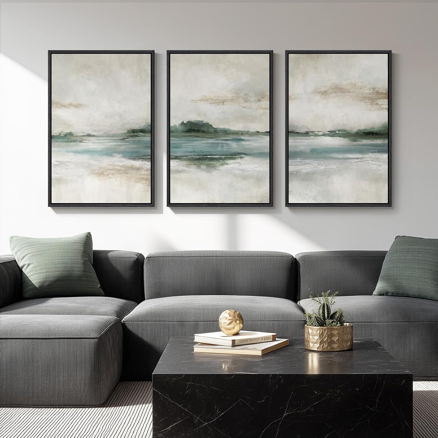 Large Framed Abstract Nature Landscape Wall Art for Living Room, Set of 3 Modern Canvas Prints Paintings Artwork for Walls, Green Lake Pictures for Hallway, Dining Room, Office Wall Decor 24×36 Inch