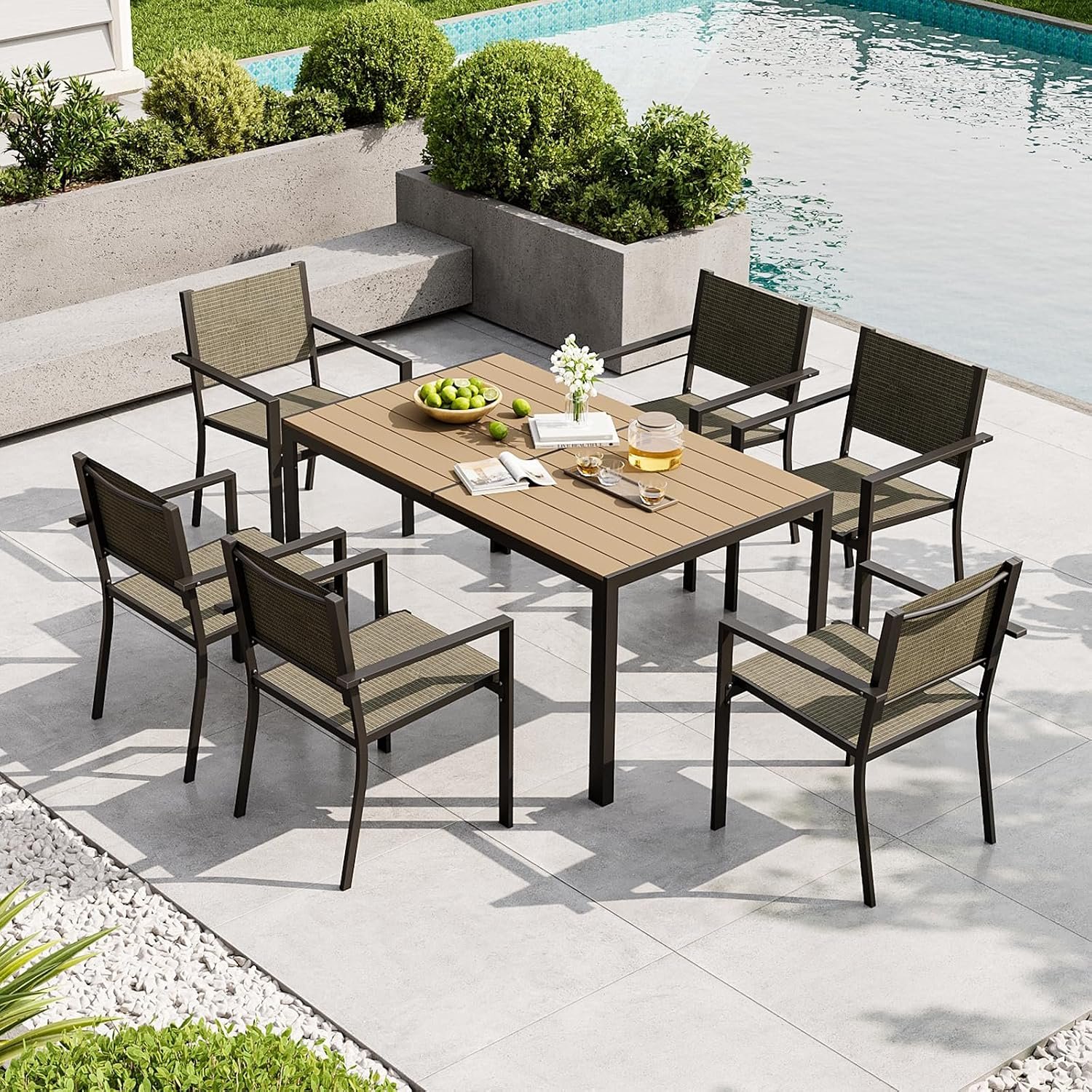 Aoxun 7-Piece Patio Table and Chairs Set for 6, All Weather Outdoor Dining Set with 6 Textilene Chairs and 1 Rectangular Metal Table, Patio Dining Sets for Backyard, Garden and Poolside, Brown