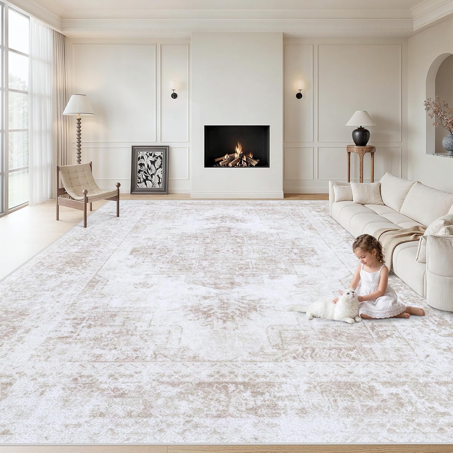 XLUEZ Area Rug 8×10 Living Room Rug, Machine Washable Vintage Distressed Medallion Rug Non-Slip Soft Low Pile Large Indoor Rugs for Bedroom Dining Room Office Children’s Room (Beige,8’x10′)
