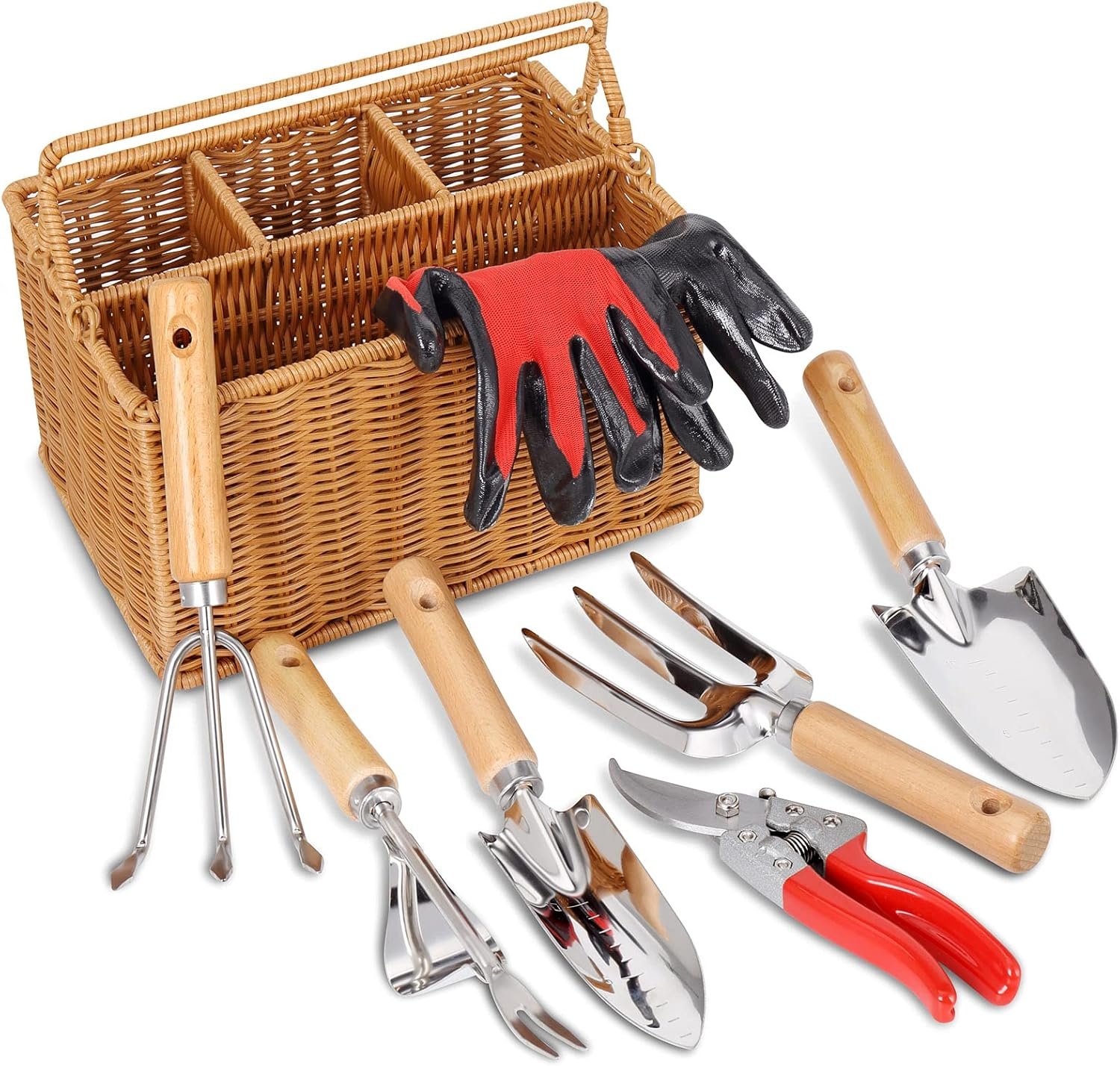 SOLIGT Garden Tools Set with Basket, Heavy Duty Stainless Steel Gardening Hand Tool with Wood Handle, Pruning Shears, Gloves – Perfect Gardening Gifts Planting Supplies for Women Men