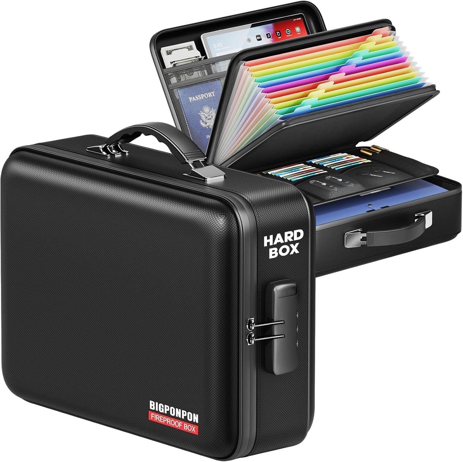 Fireproof Document Box, Hard Case Highly Flame-Resistant Fire Proof Waterproof File Organizer with Lock, Portable Fire Safe for Important Documents & Valuables Storage (Black, ‎15″*11″*5″)