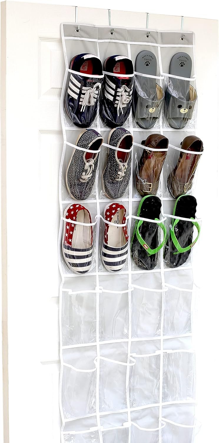 Simple Houseware 24 Pockets – Crystal Clear Over The Door Hanging Shoe Organizer, Gray (64” x 19”)
