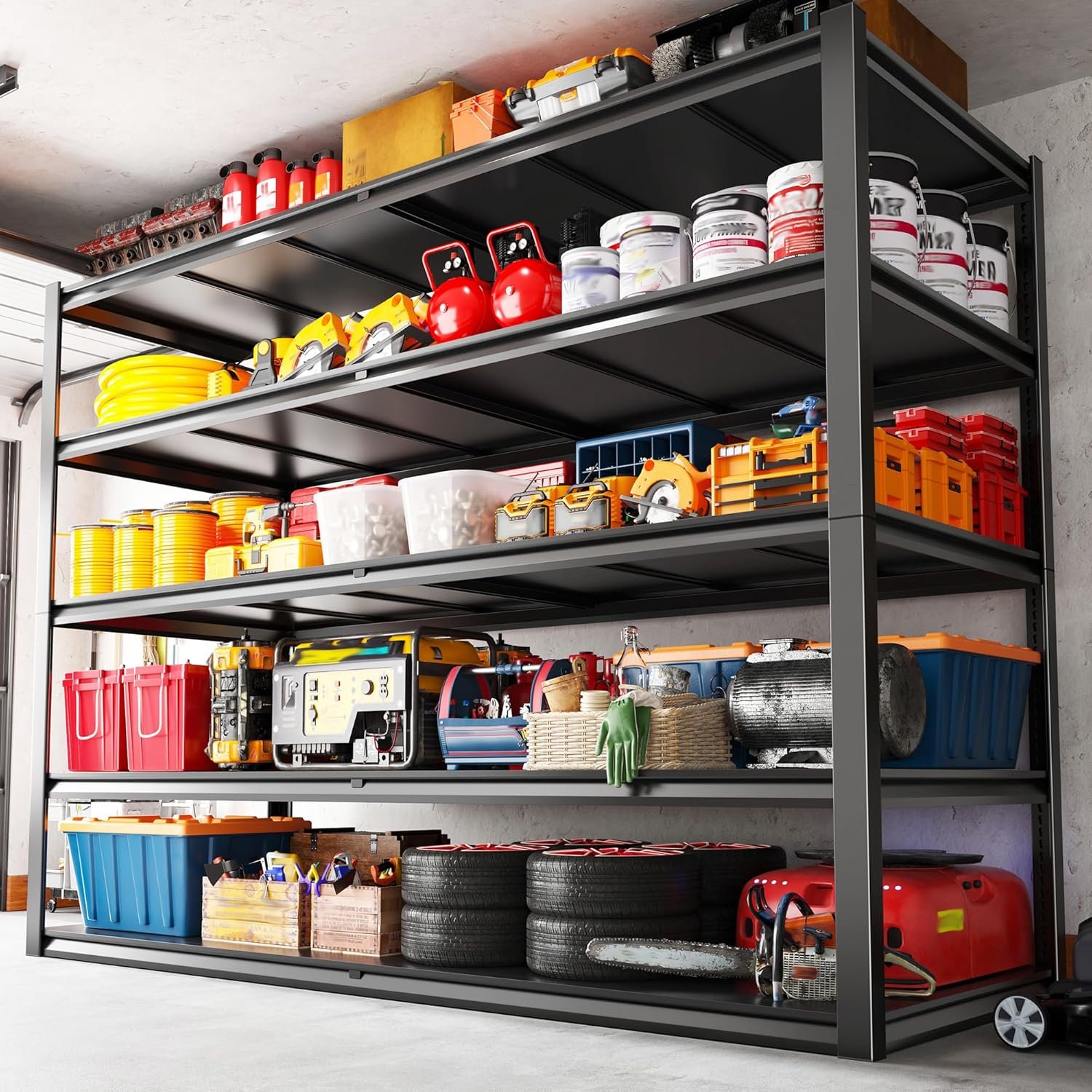 REIBII 78″ H Garage Shelving,Garage Heavy Duty Storage Shelves,3000LBS Shelving,5 Tier Adjustable Metal Shelves for Commercial,Business,Warehouse, Basement,Factory, Pantry 55″ W x 26″ D x 78″ H