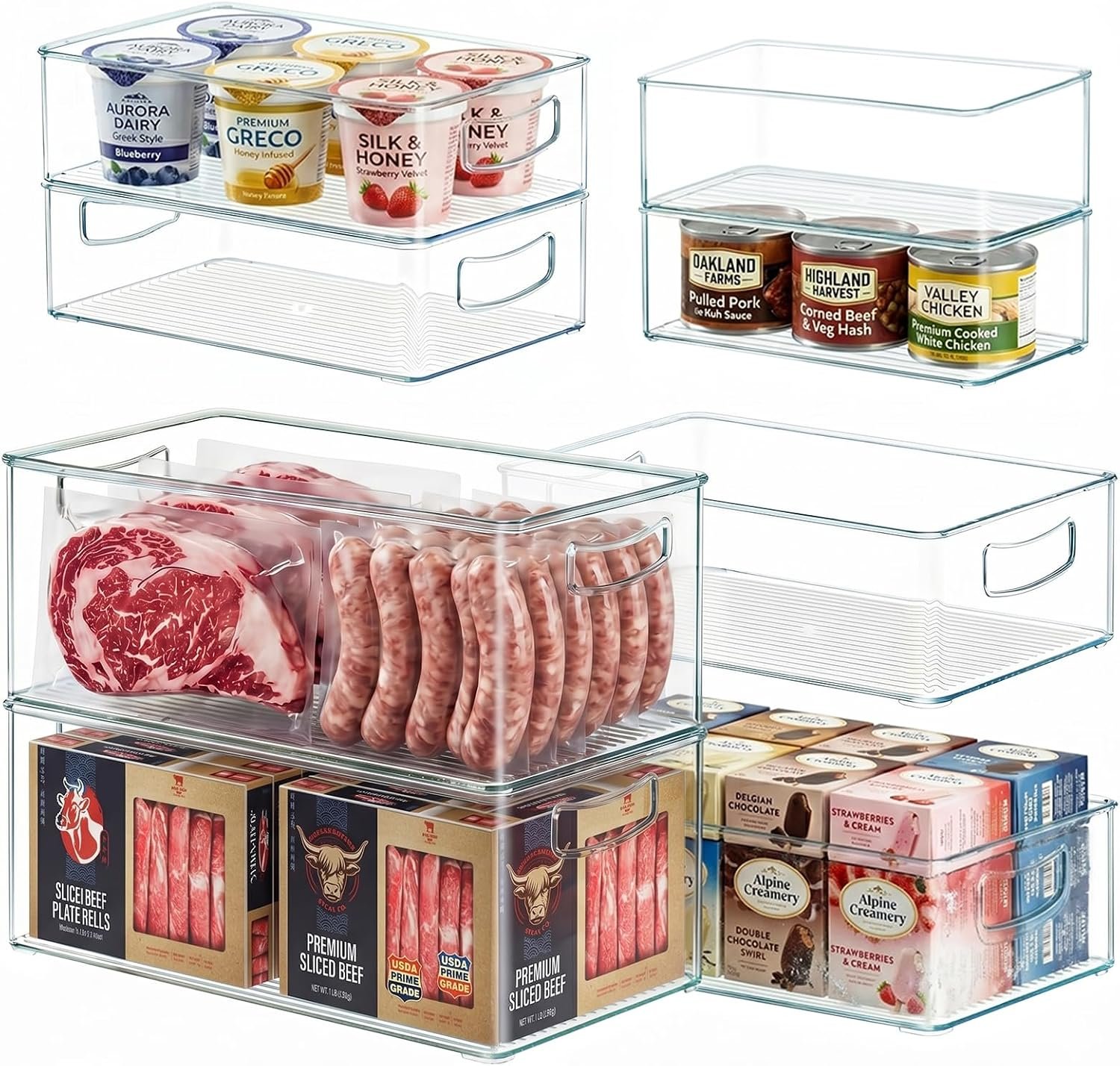 Heyuzb 8 PACK Freezer Organizer Bins Fridge Organizers and Storage Stackable Refrigerator Organizers Bins with Side Handles Clear Storage Bins for Pantry, Under Sink, Kitchen Cabinet