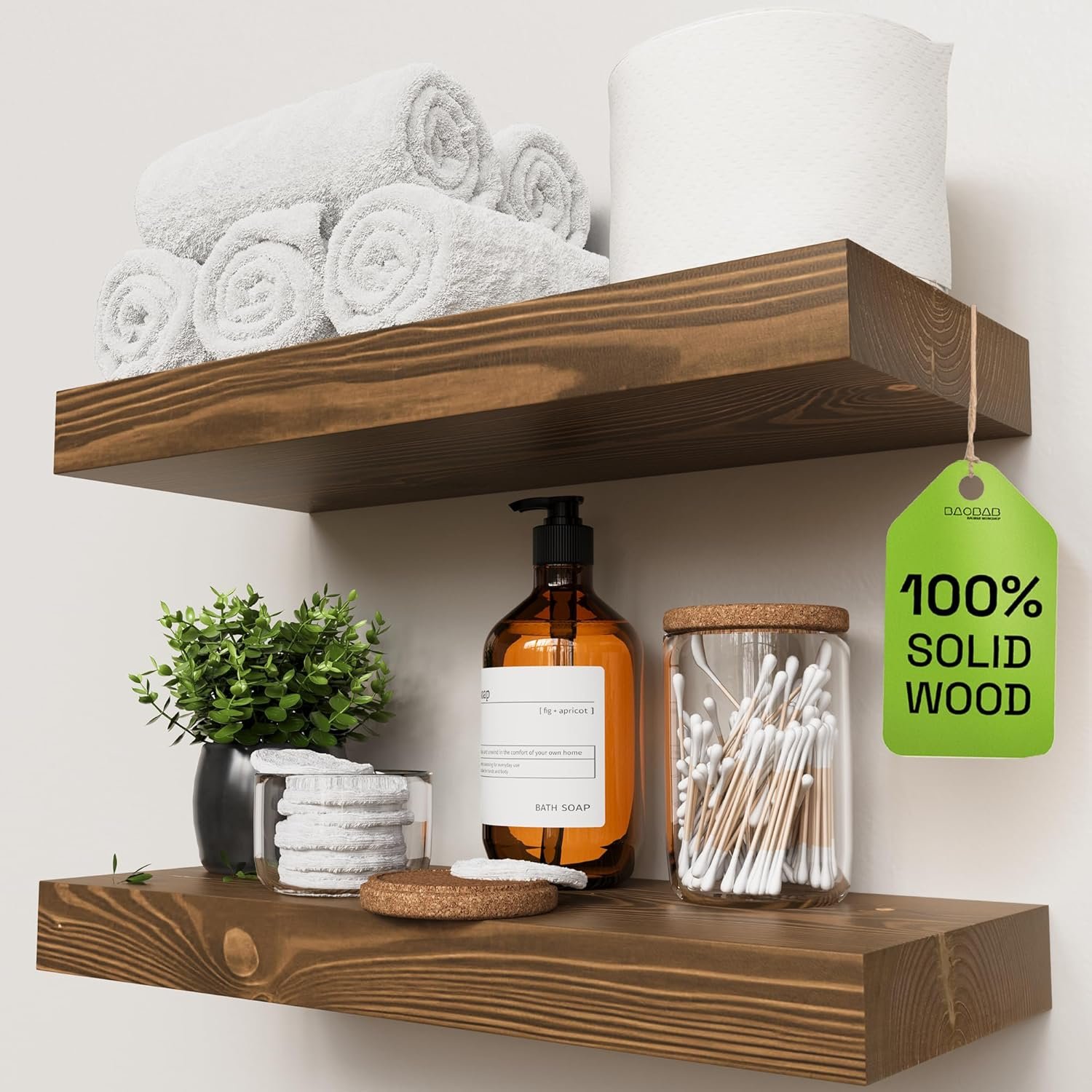 BAOBAB WORKSHOP Wood Floating Shelves for Wall, 16 inch Walnut Floating Shelf for Bathroom, Solid Wooden Wall Shelves for Kitchen Bedroom, Walnut Finish, 16 x 6.7, Set of 2