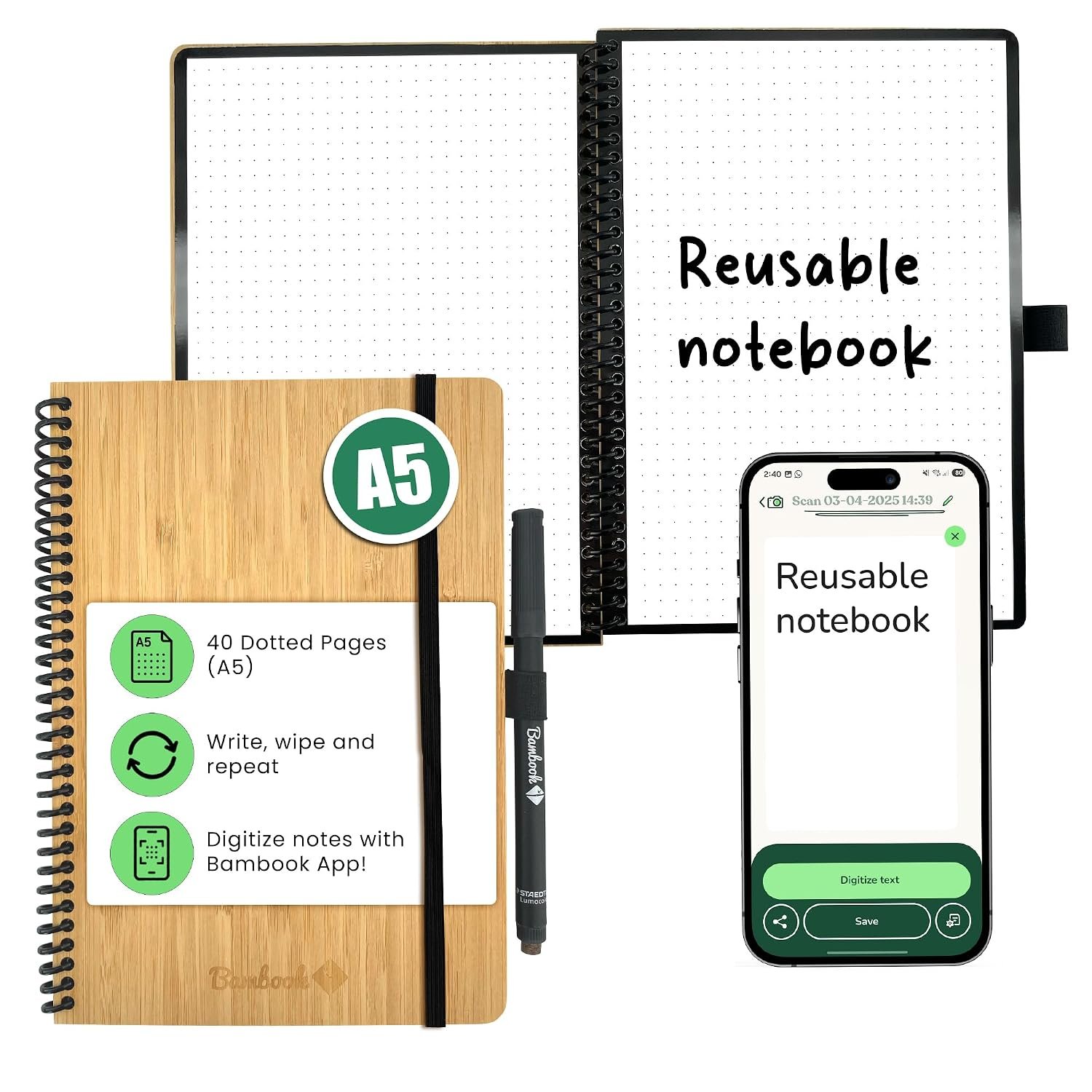 BAMBOOK Classic Notebook – Bamboo Wood Hardcover – A5 – Dotted Reusable Notebook, Notepad, Reusable Notebook
