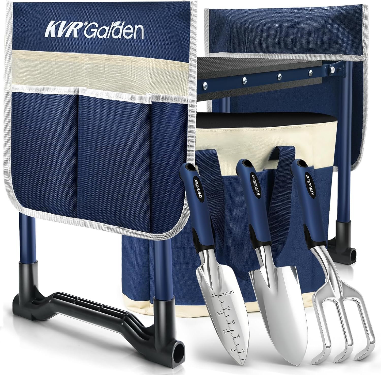 KVR Garden Kneeler and Seat Set 7-Piece Upgraded – Heavy Duty Foldable Bench & Stool with 3 Aluminum Tools, 2 Non-Slip Pouches & Tote Bag – Gardening Chair Gifts for Seniors, Women, Mom