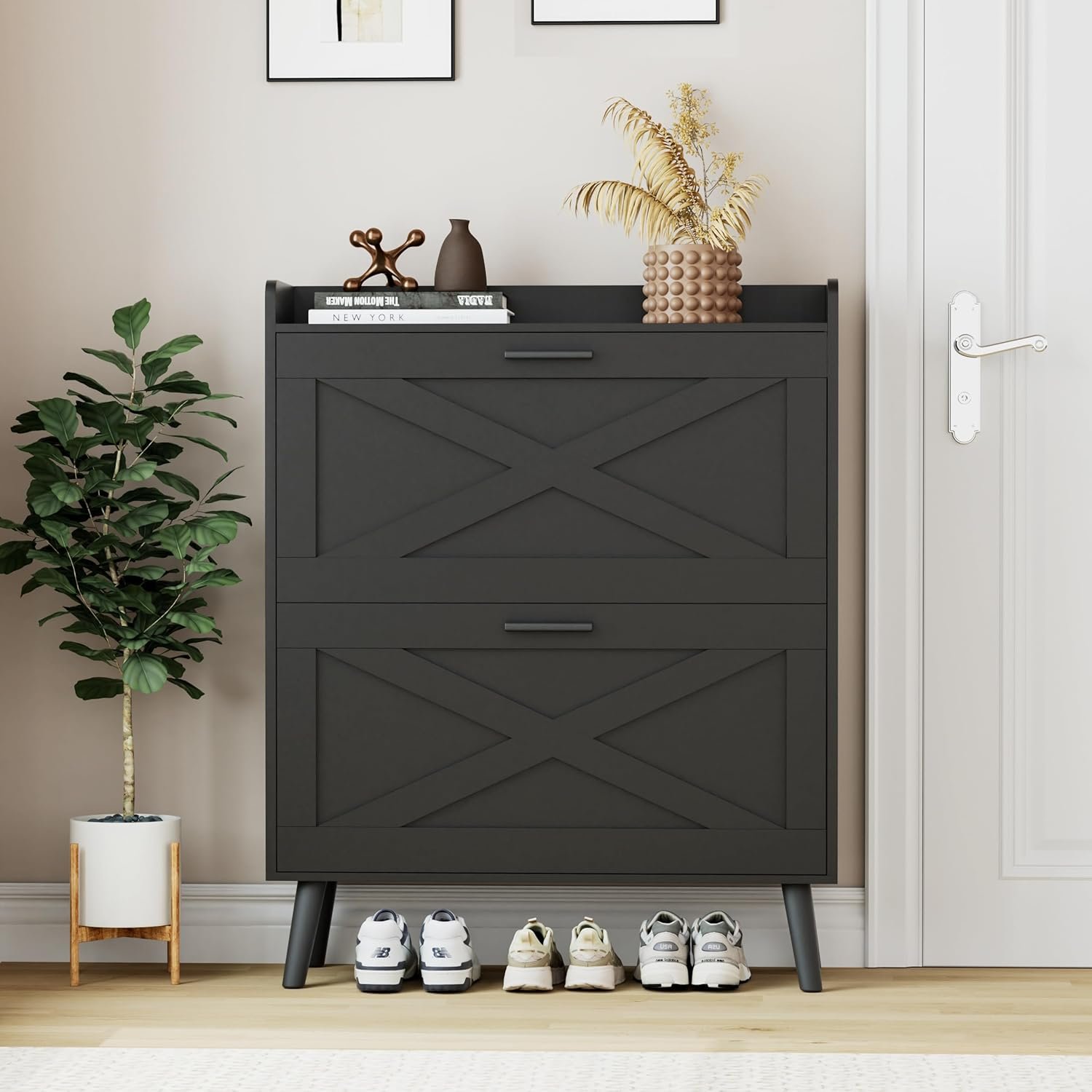 Homleke 32″ W Farmhouse Shoe Storage Cabinet with 2 Flip Drawers and Barn Door Design, Adjustable Shelves, Modern Hidden Slim Narrow Shoe Rack Cabinet for Entryway, Foyer, Hallway, Living Room, Black