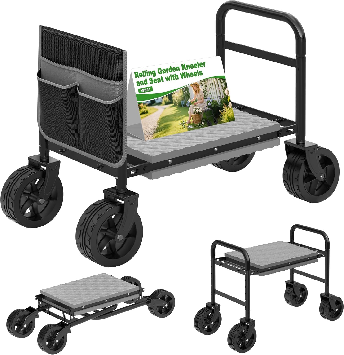 NIUXX Garden Kneeler and Seat with 360° Wheels: 3-in-1 Rolling Garden Stool with Extendable Legs – Foldable Garden Seat with Thick Pad & Tool Pouches – Heavy Duty Gardening Bench for Seniors