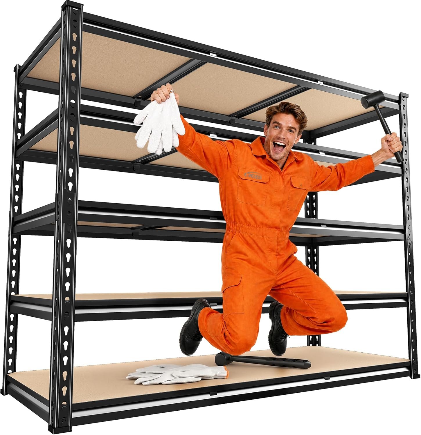 REIBII 48″ W Garage Shelving 3080LBS Heavy Duty Storage Shelves 5 Tier Garage Shelves Adjustable Metal Shelving Unit Utility for Basement, Pantry, Warehouse, Commercial, Industrial, 72″ H x 24″ D