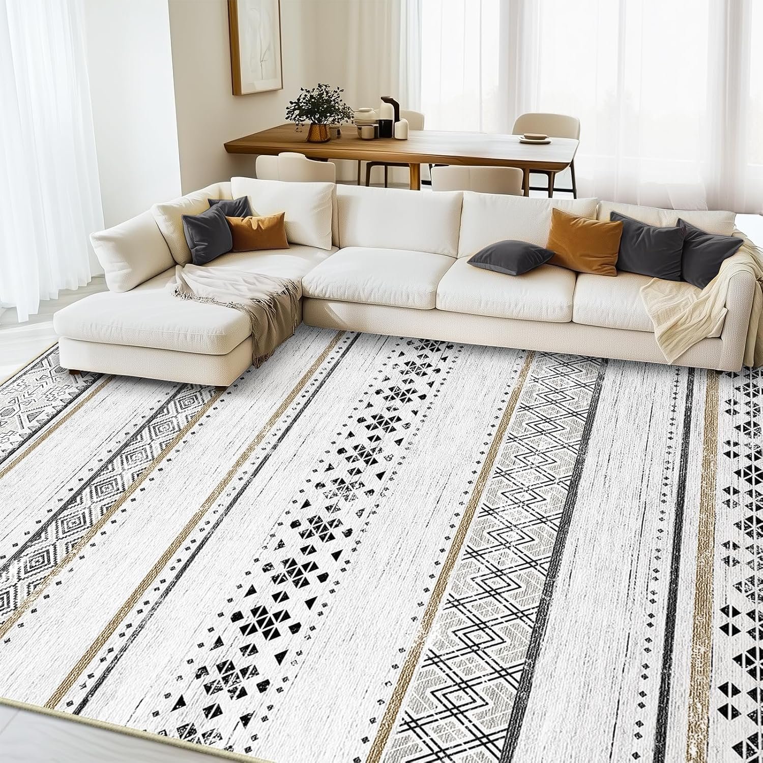 BESTSWEETIE 8×10 Area Rugs for Living Room Washable Moroccan Farmhouse Neutral Geometric Low Pile Non-Slip Soft Print Pattern Rug for Bedroom Kitchen Dining Room Entryway Black/Brown