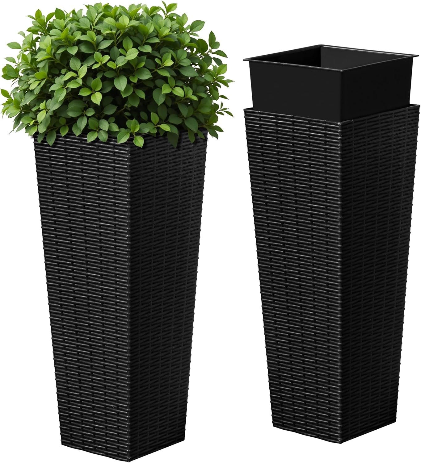 Devoko Resin Tall Planters for Outdoor Plants Set of 2, Large Taper Outdoor Planter Pots with 4 Drainage Holes, Flower Pots Modern Decor for Porch, Patio, Backyard, Home Garden (Black, 23.6″)