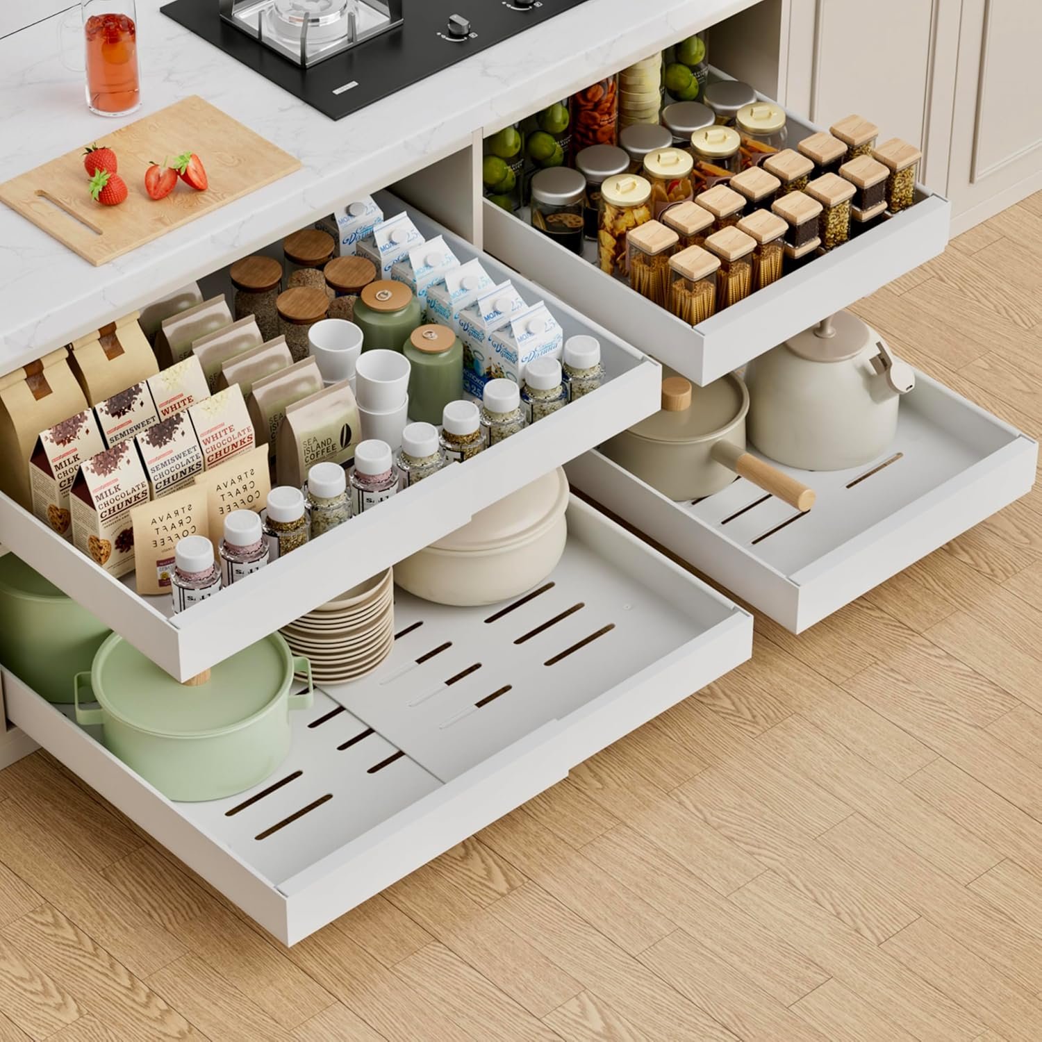 PAKETA 4 Pack Expandable Pull Out Cabinet Organizer, 21” Deep Pull Out Drawers for Cabinets,Upgrade 3 Slide Rails Sliding Drawer for Kitchen Cabinet Organizer with Adhesive Nano Film (White)