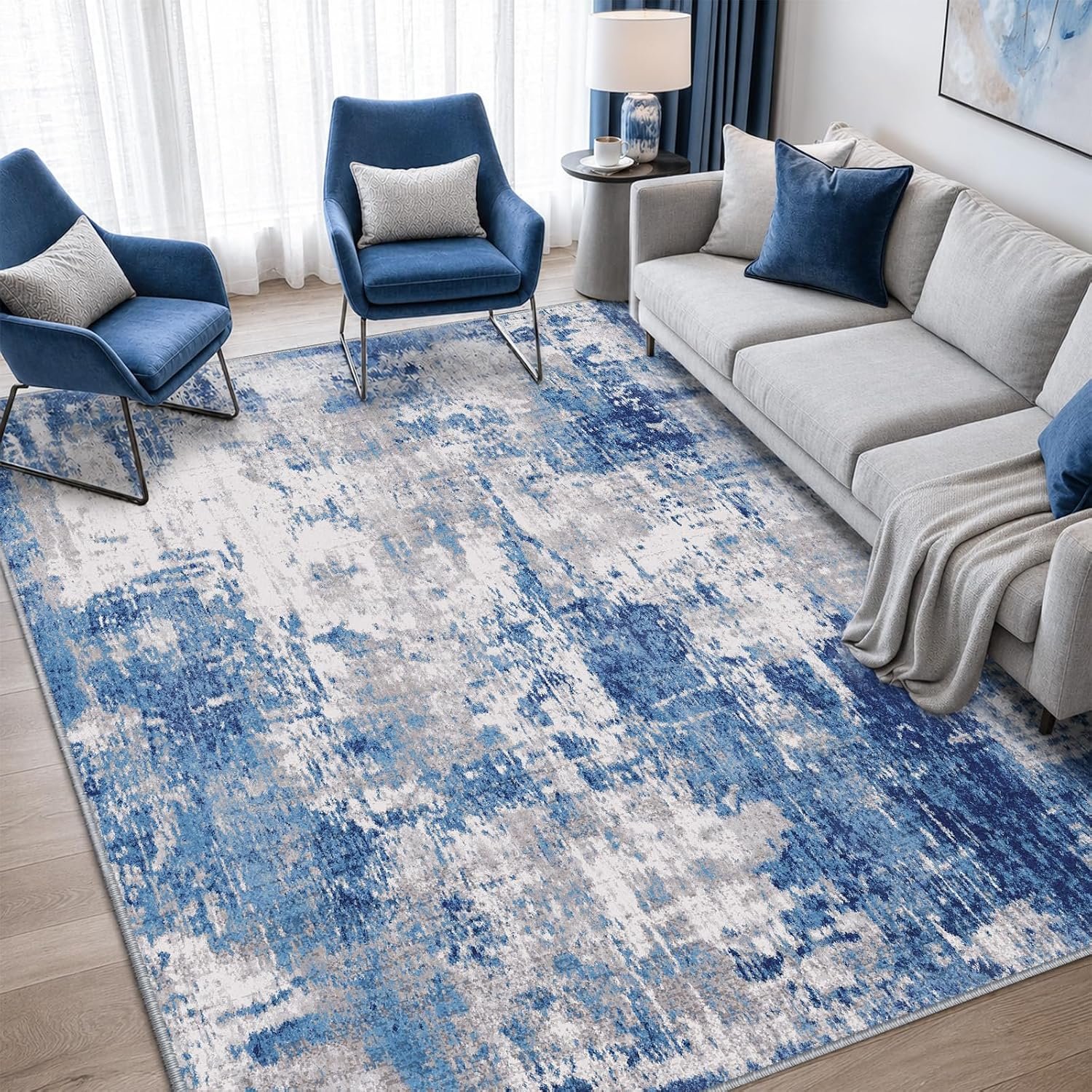 RELEANY Washable Area Rugs 5’x7′ Non-Slip Modern Abstract Soft for Living Room Entryway Bedroom Kitchen, Print Pattern, Blue Grey Navy Gray