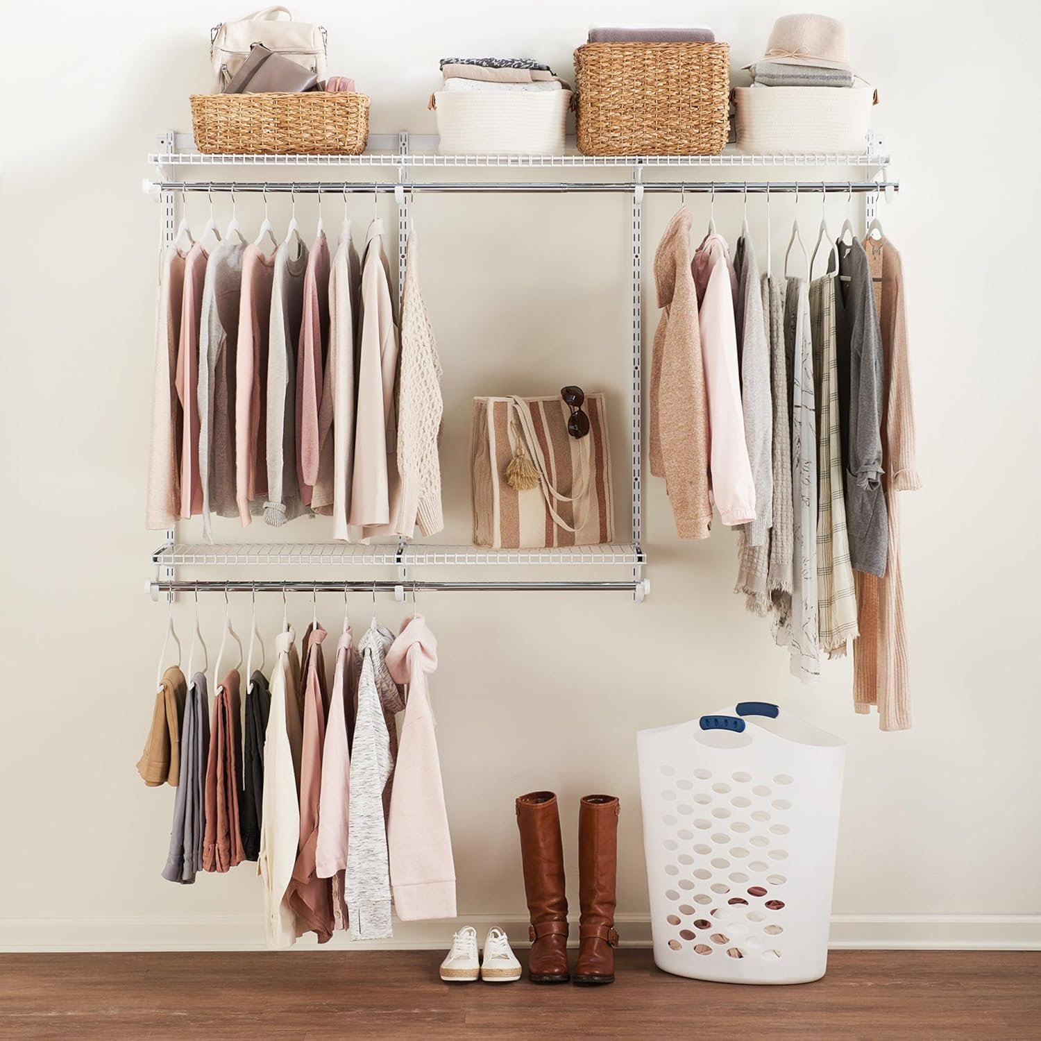 Rubbermaid Configurations Custom Closet Kit 3-6 Ft. Adjustable Metal Wire Shelving White Finish Expandable Organization System Hardware Included for Home Closet/Pantry/Laundry/Mudroom