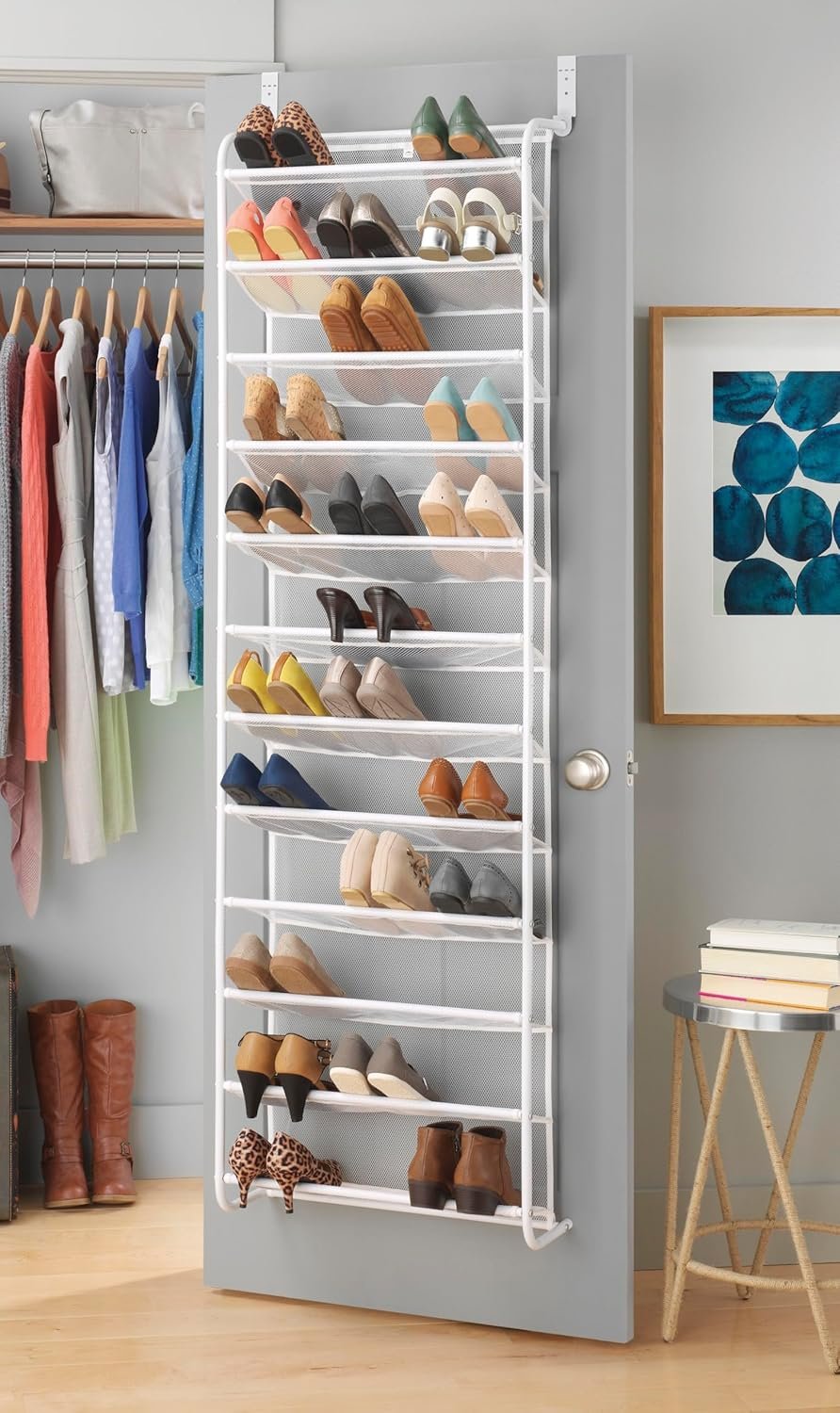 Whitmor 36 Pair Over The Door Shoe Organizer, 12 Tier Hanging Shoe Organizer, Heavy Duty Metal & Mesh Shoe Holder, Hanging Shoe Rack for Closet Organizer & Storage, 74″H x 21.7″W x 7.5″D, White