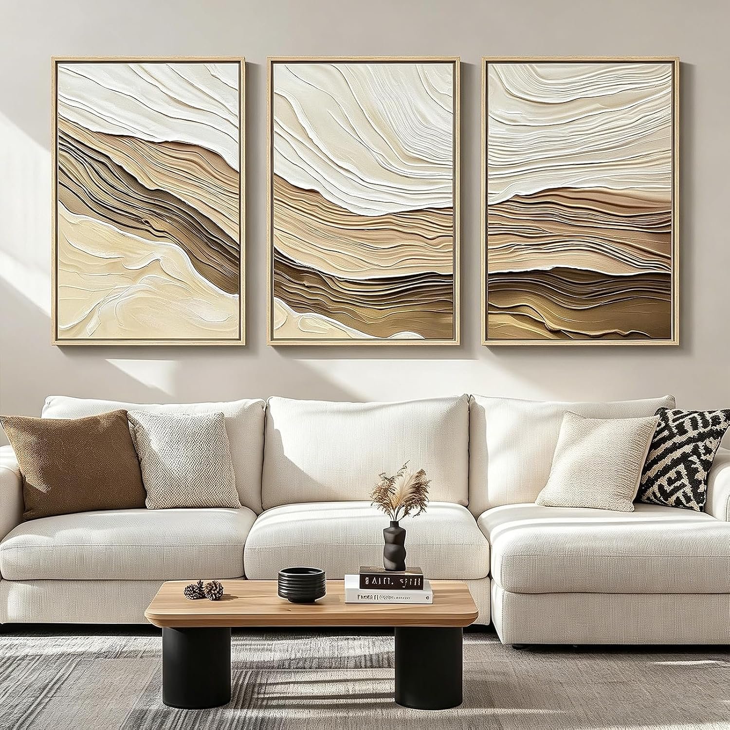 Large Framed Neutral Wave Texture Wall Art for Living Room, 3 Piece Modern Abstract Canvas Prints Paintings Artwork for Walls, Ready to Hang Art for Entryway Hallway Office Wall Decor 24×36 Inch