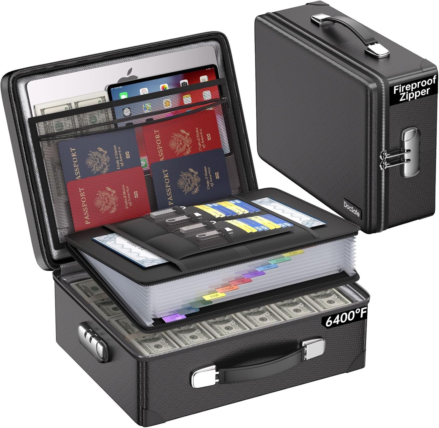 DocSafe 6400°F Fireproof Document Box with Lock,Heat Insulated Fireproof Water Resistant 10 Layers Hard Case Safe Box with Zipper＆Multi Pockets,Protects Personal Items,Documents,Laptop,Passport,Black