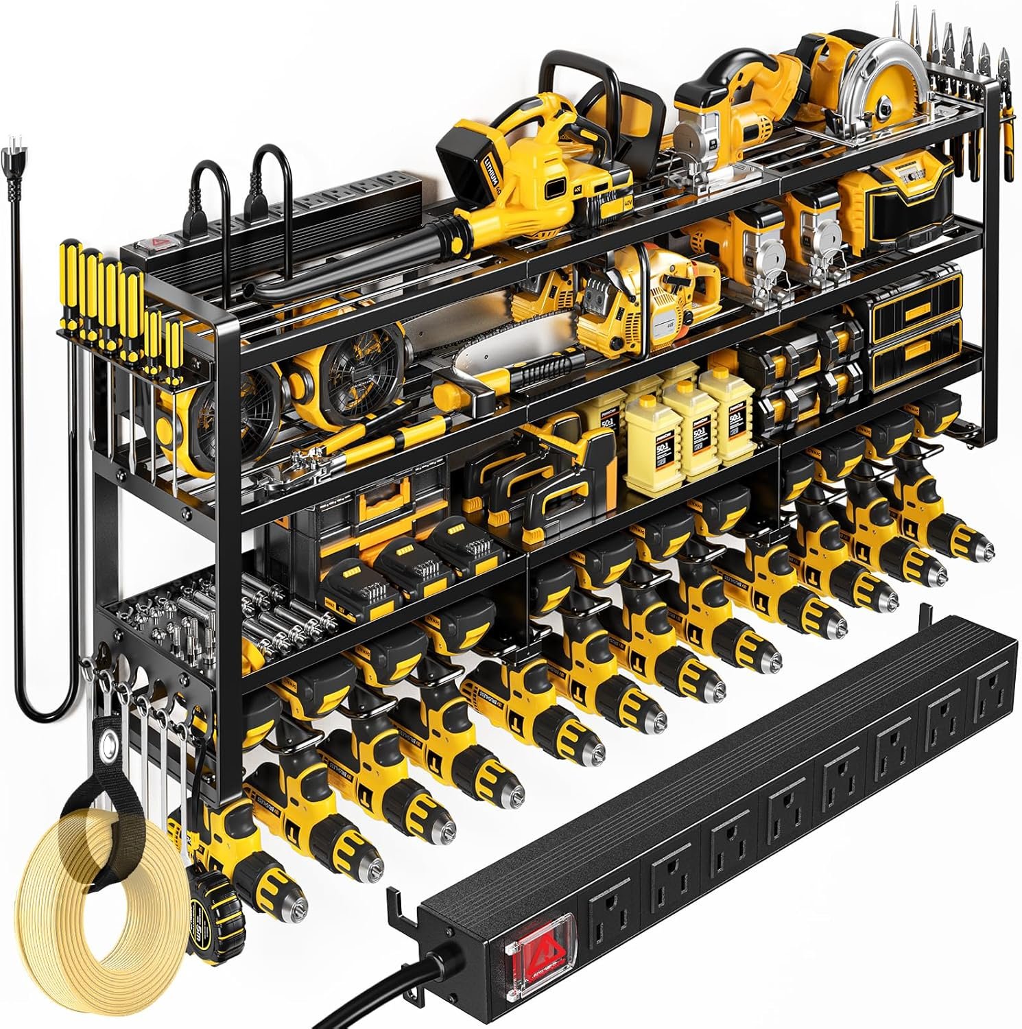 POKIPO 49.5″ W Large Power Tool Organizer Wall Mount with Charging Station, 4 Tier Heavy Duty 12 Cordless Drills Holder Load 800 lb, Tool Battery Storage Rack Built in 8 Outlet Power Strip for Garage