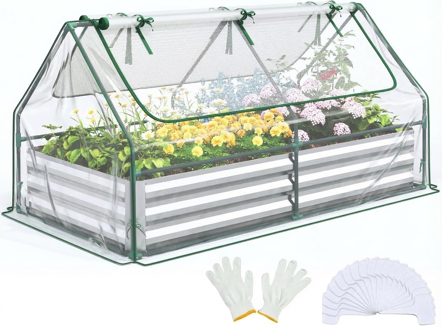 Quictent Raised Garden Bed with Cover Outdoor Galvanized Metal Planter Box Kit, w/ 2 Large Screen Windows Mini Greenhouse 20pcs T Tags 1 Pair of Gloves Included for Growing Vegetables 6x3x1ft (Clear)