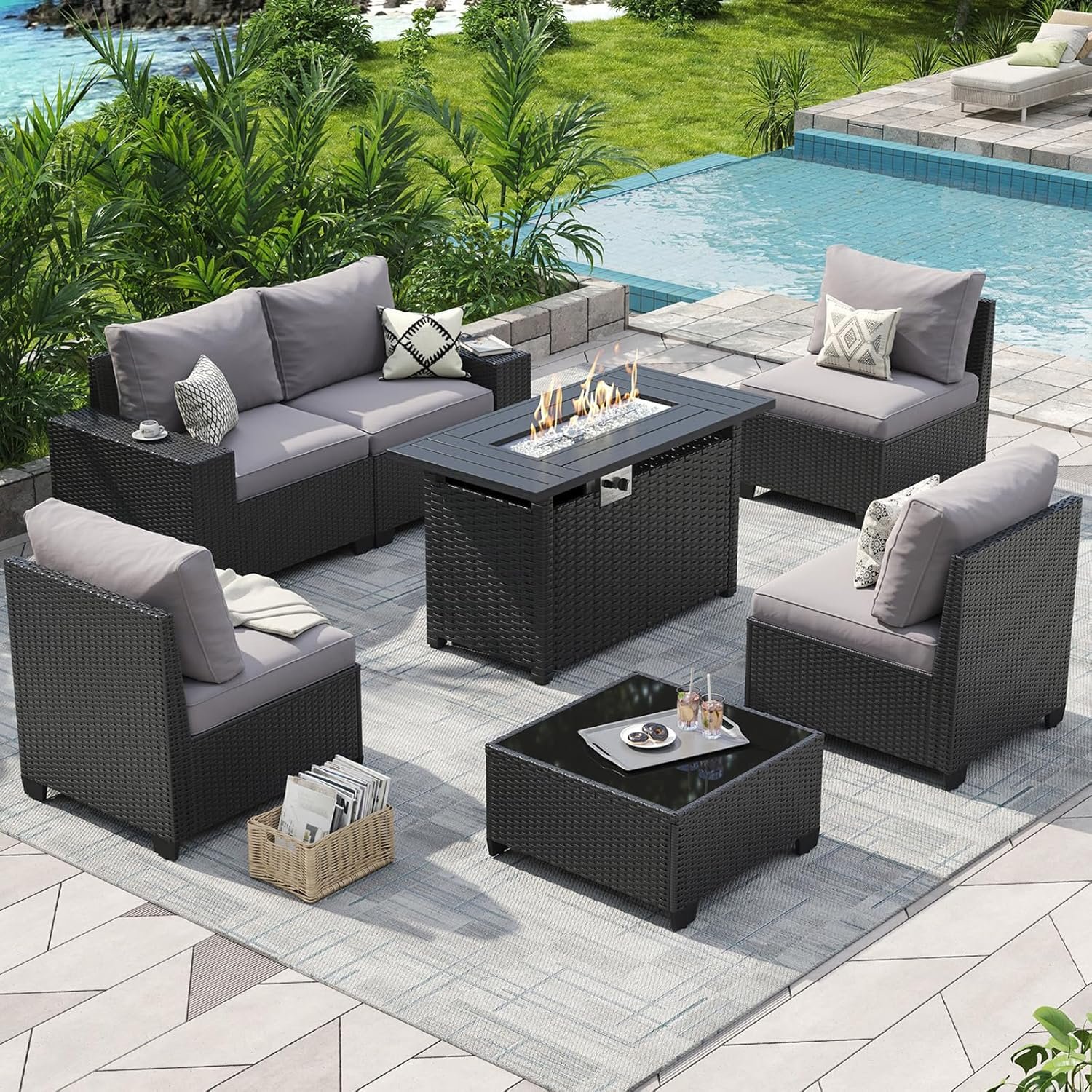 Aoxun Outdoor Patio Furniture Set with 44” Fire Pit Table, 7 Pcs Outdoor Sectional with 4in Thicken Cushion, Widen Armrests Wicker for Backyard, Grey