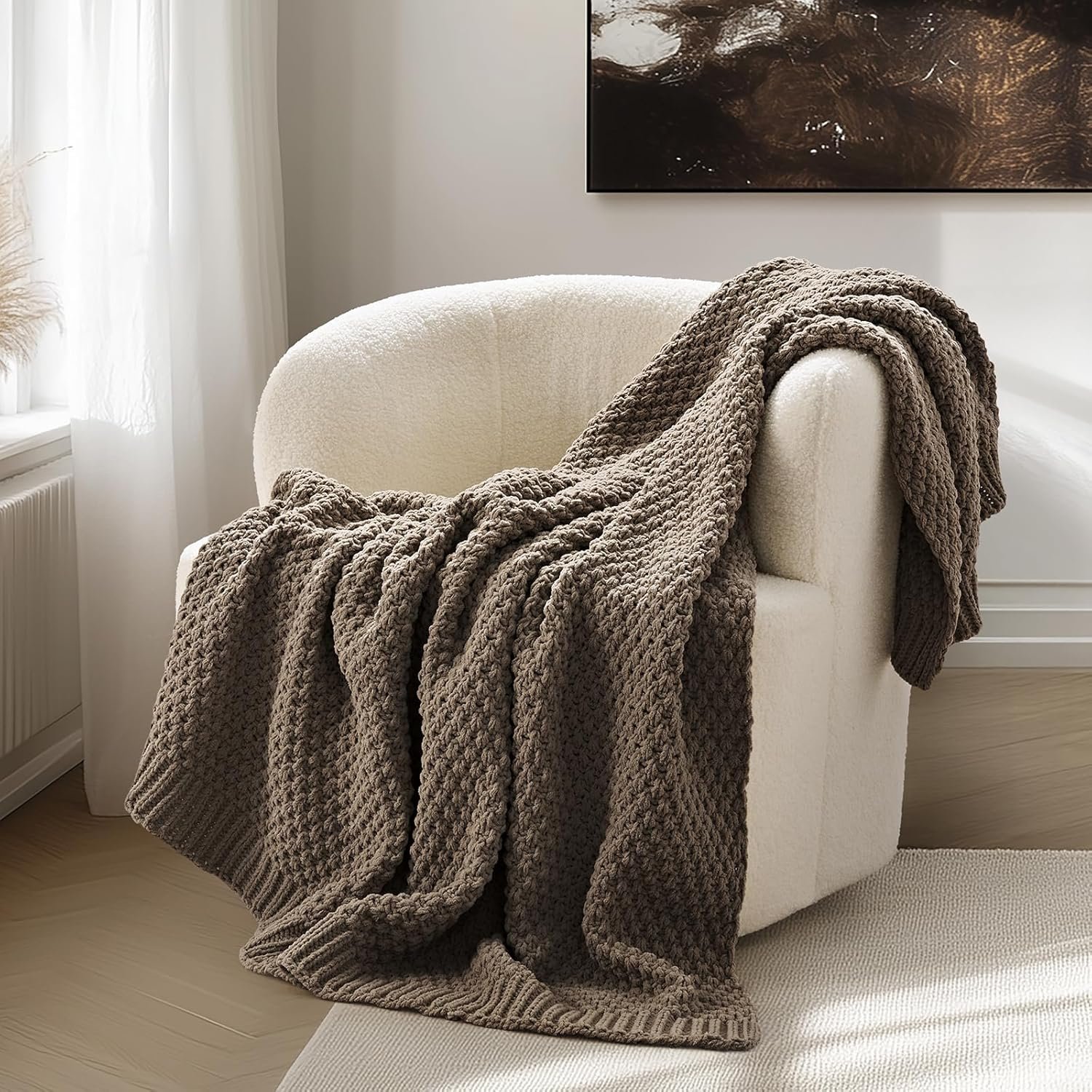 EVERGRACEHOME Chunky Chenille Knit Throw Blanket for Couch, Soft Luxurious Moss Stitch Blankets for Bed, Cozy Decorative Farmhouse Knitted Throws for Sofa, Mocha Brown, 50″ x 60″