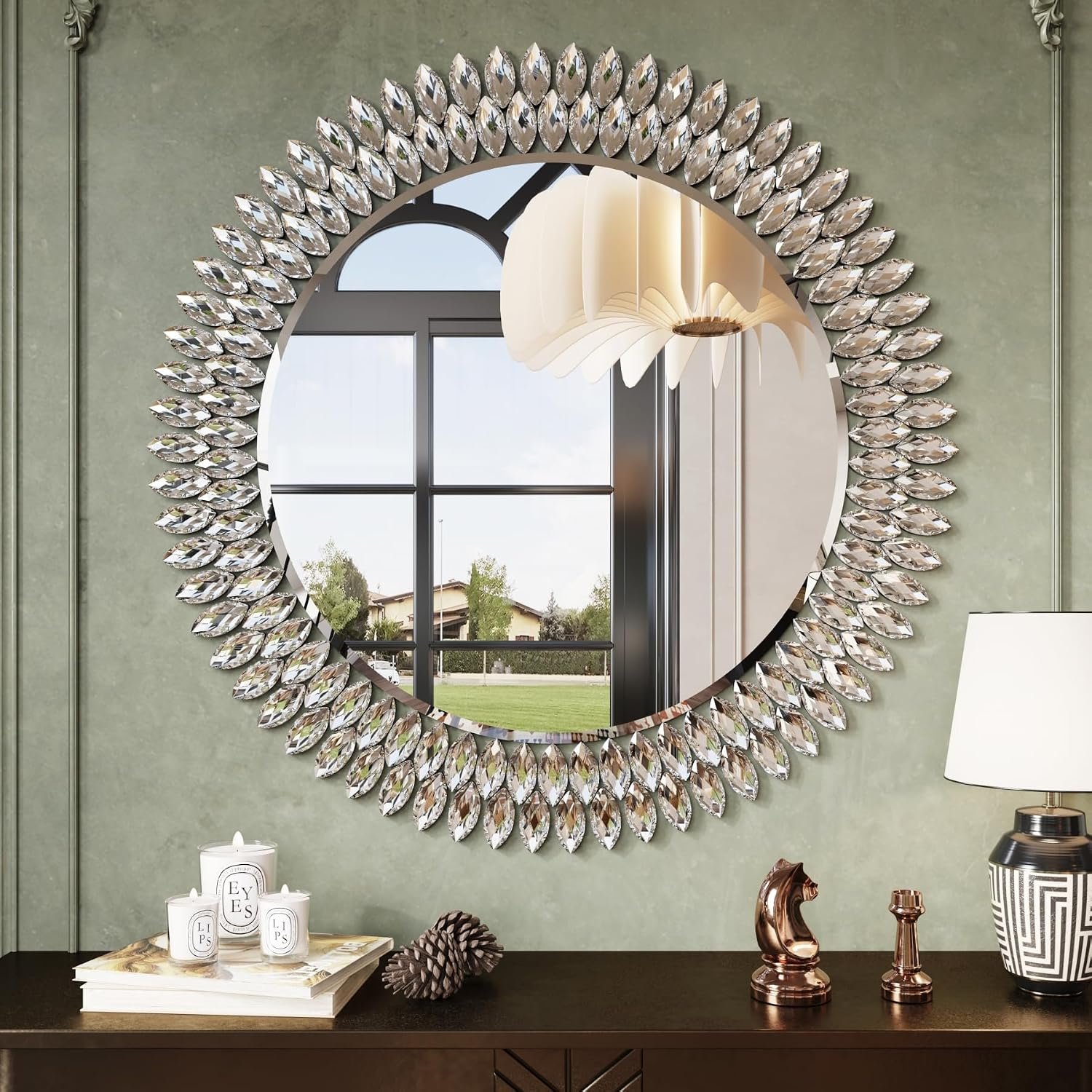 Kelly Miller 32″ Jeweled Luxury Round Decorative Wall Mirror | Elegant diamond beveled vanity mirror. Perfect large wall mirror for living room, bedroom, entryway.
