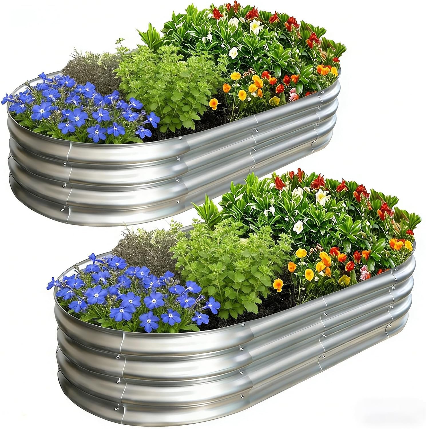 Galvanized Raised Garden Bed Kit, Planter Garden Boxes Outdoor, Oval Large Metal for Vegetables Fruits, Flowers Planter Boxes, Easy Assembly Garden Bed Kit (Silver, 4×2×1FT (2-Pack)