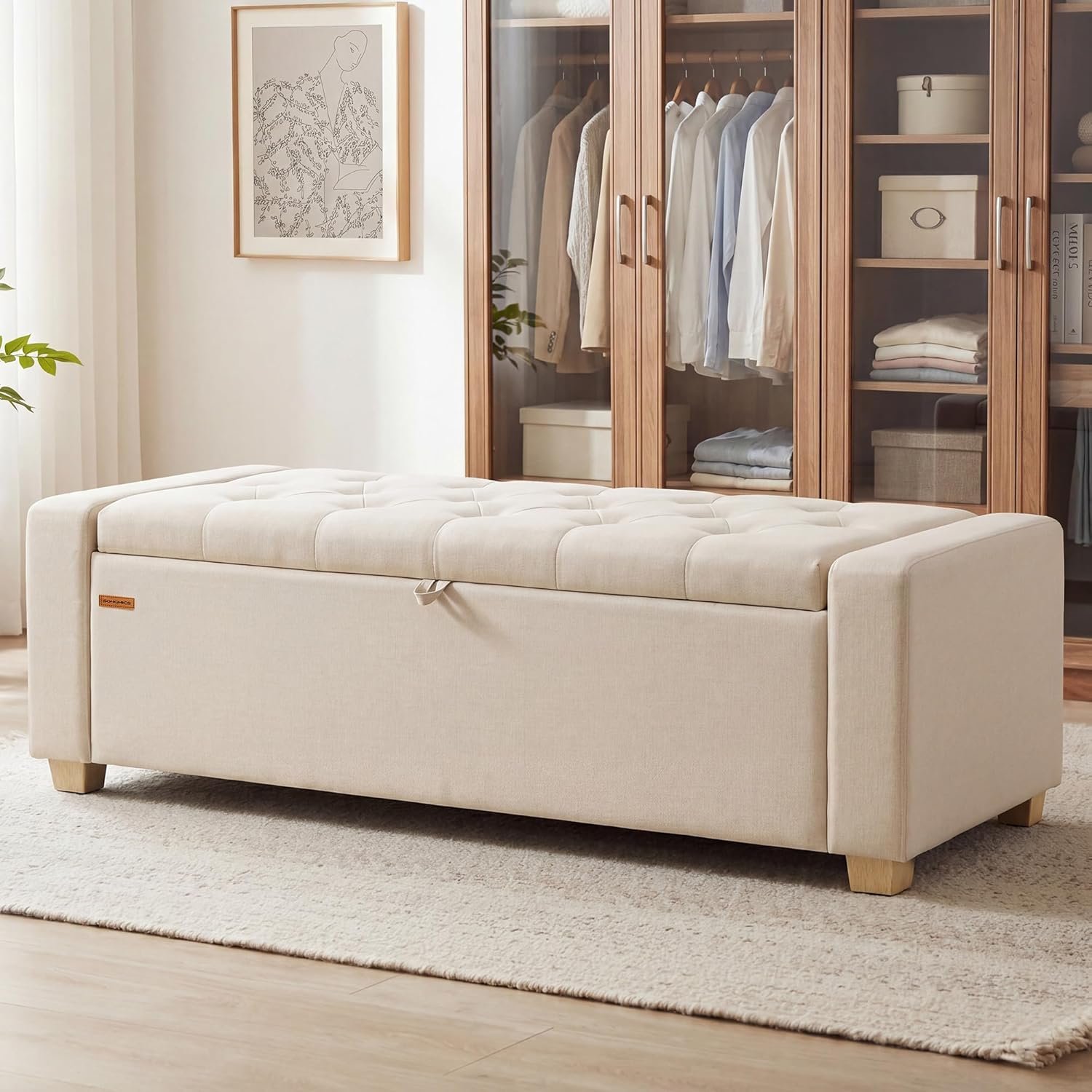 SONGMICS Storage Ottoman, Storage Chest Bench with Legs, End of Bed Bench with Safety Hinges, Pull Tab, for Living Room, Bedroom, 19.7 x 47.6 x 16.5 Inches, Linen-Look Fabric, Summer Sand ULOM511LF01