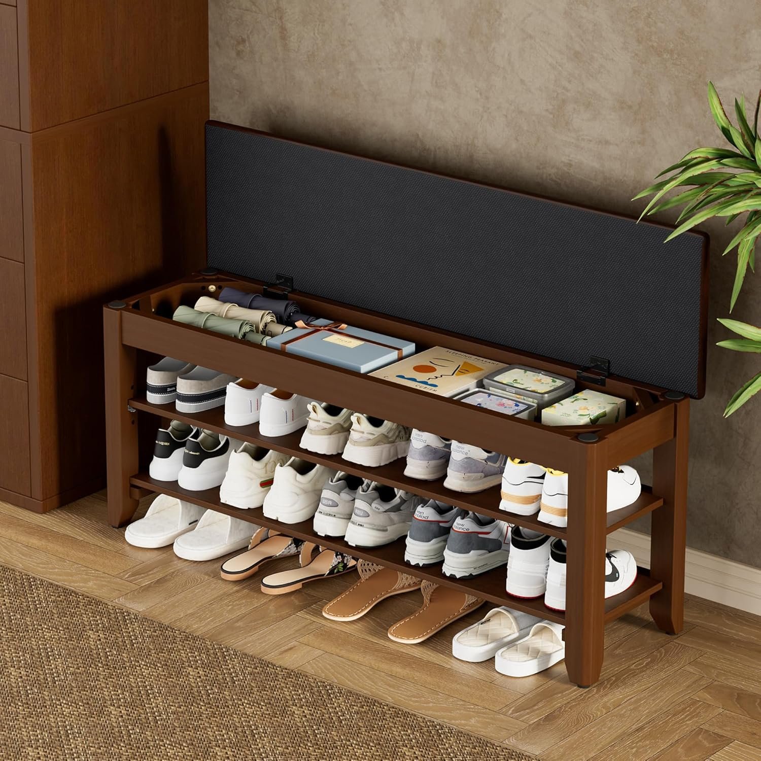 Homleke 2-Tier Solid Wood Shoe Rack Bench with Flip-Top Storage | Entryway Bench with Cushion, Adjustable Shelf, Holds Up to 10 Pairs, for Hallway, Bedroom and Closet, Walnut, 39.4 Inch