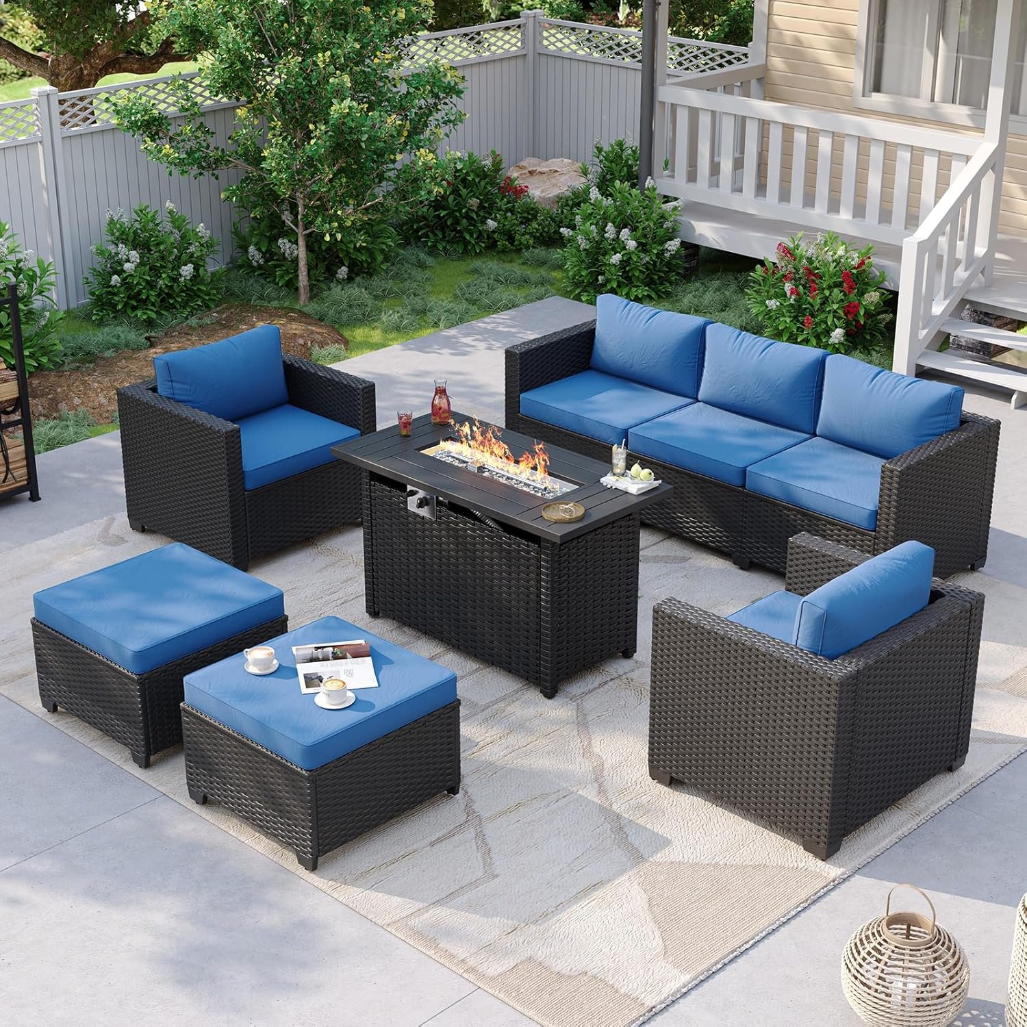 Aoxun Patio Furniture Set with Fire Pit Table, 6 Piece Outdoor Furniture Set with Wicker Ottomans, Rattan Outdoor Sectional Sofa with Thickened Cushion & Waterproof Cover Navy Blue