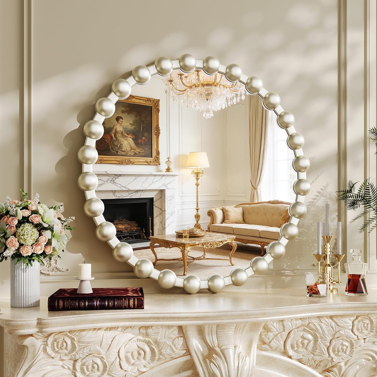 Round Vanity Mirror for Wall, 28 Inch Beaded Frame Circle Mirror for Bedroom Dresser, Bathroom, Entryway, Living Room, Decorative Hanging Wall Mirror, Silver