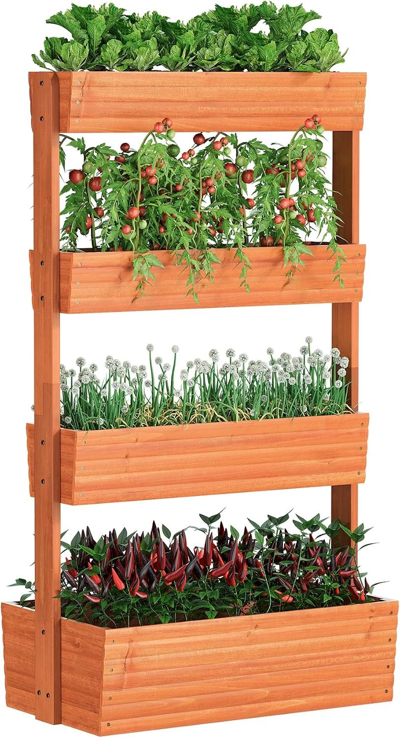 Wooden Raised Garden Bed Vertical Planter Box, Freestanding Plant Stand for Indoor Outdoor Plants, Herbs, Flowers, Vegetables, Gardening (Reddish Brown, 4-Tier，29.9 x 17.9 x 55in)