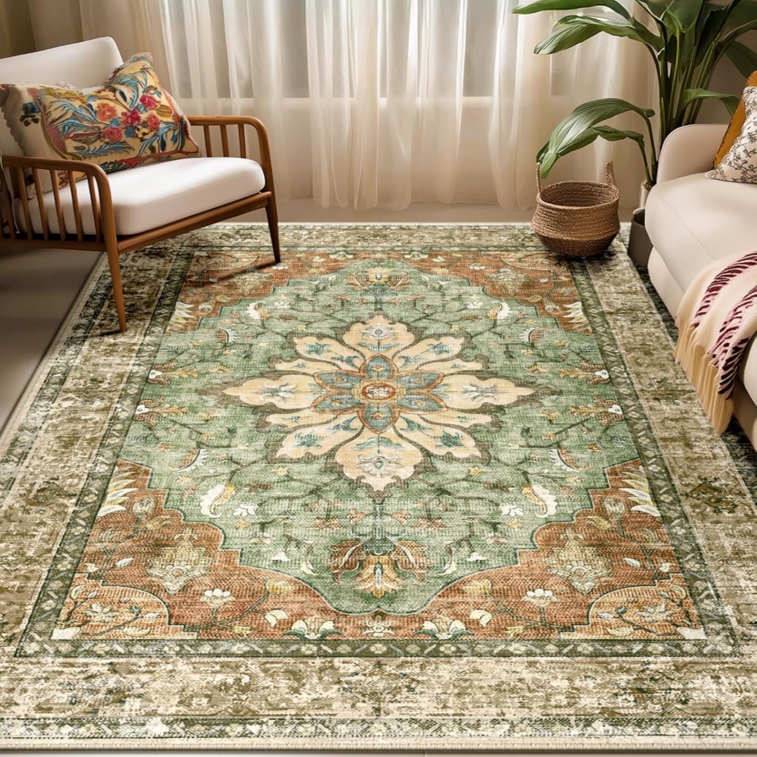 RELEANY Area Rugs 5’x7′ Washable Non-Slip, Floral Vintage Distress Medallion Carpet for Living Room Bedroom Dining Room, Terracotta Burnt Orange Green