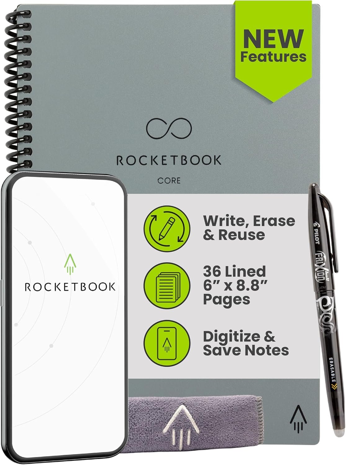 Rocketbook Core Reusable Smart Notebook, Lined Pages For School, Work and Creative Projects, Executive Size 6×8.8, Gray- Premium | Lined Pages For School Work and Creative Projects, Includes Pen and Towel