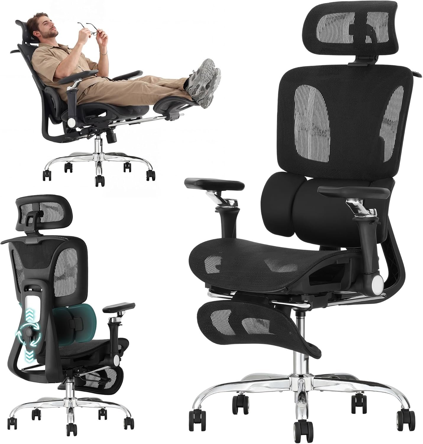 Ergonomic Office Chair with 3-Zone Dynamic Lumbar Support, Big and Tall Office Chair with Footrest, Adjustable Seat Depth,4D Headrest,6D Armrests, Swivel Executive Chair for Home Office,Black
