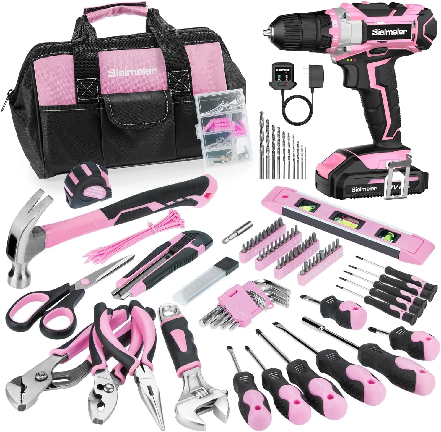 Bielmeier 20V 236Pcs Cordless Pink Drill Set for Women, Lady’s Essential Home Tool Kit with Pink Bag, Perfect DIY Electric Screwdriver Set for Home Repair & Gifts