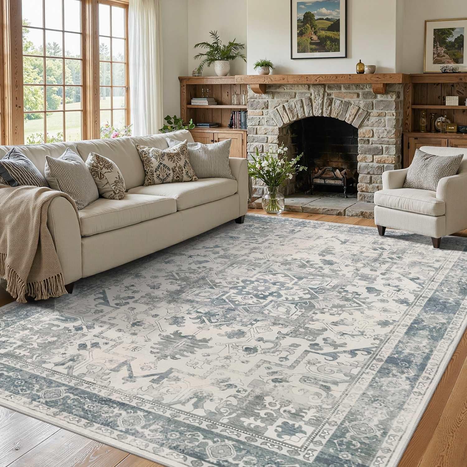 Rugxara Area Rugs 5×7, Washable Rugs for Living Room, Vintage Boho Light Blue Rug for Office, Dining Room, home decorKids Room and Farmhouse,Home Decor Durable Low Pile Non-Slip for High Traffic Areas