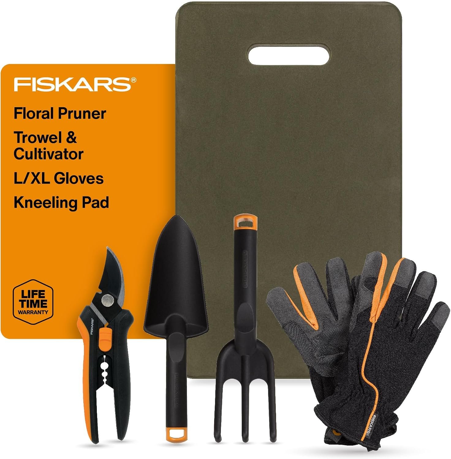 Fiskars 5-Piece Flower Gardening Essentials Set, Floral Pruner, Trowel, Cultivator, Gloves & Kneeling Cushion, Easy Action Bypass Blade with Wire Cutter & Stem Stripper, Lightweight Rustproof