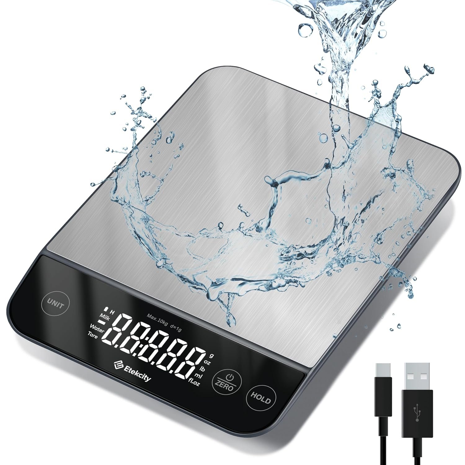 Etekcity 22lb Food Kitchen Scale, USB Rechargeable, IPX6 Waterproof | Digital scale with grams & ounces, 1g precision, 5 weight units, tare, ideal for baking, meal prep, Stainless Steel, Silver