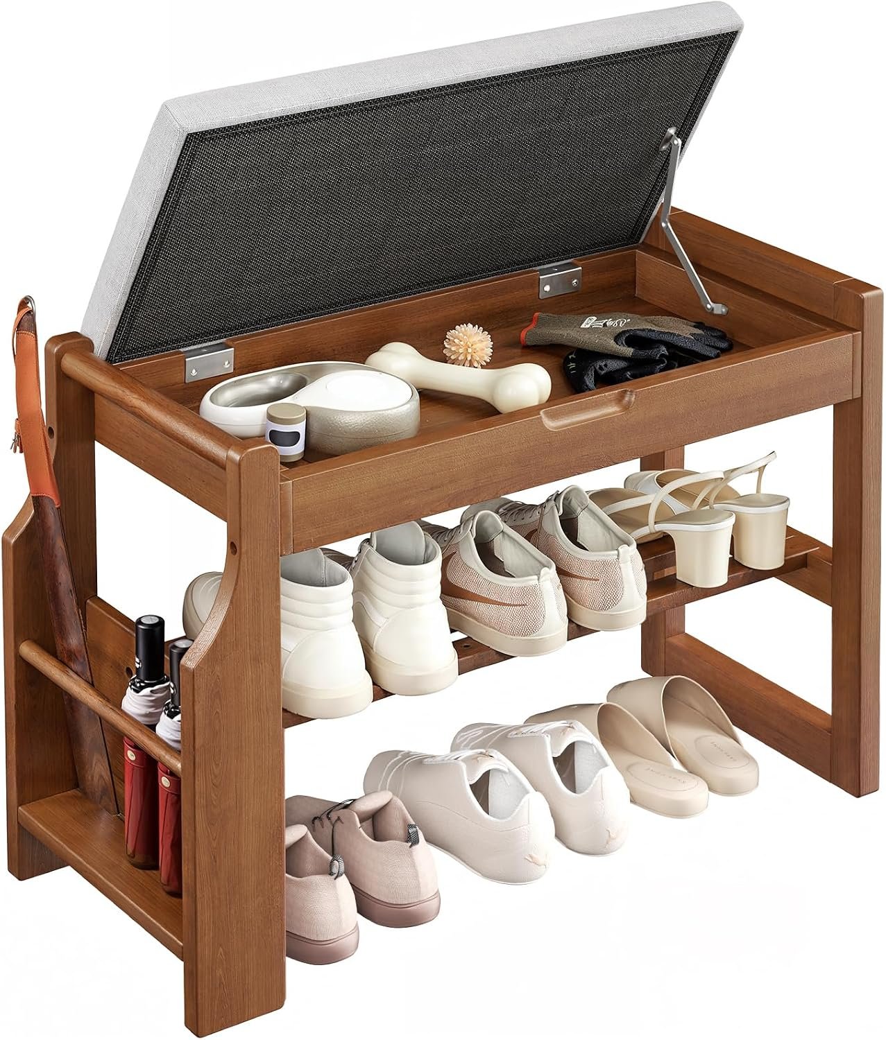 Pipishell 26″ Solid Pine Wood Shoe Rack Bench with Soft Cushion, 2 Tiers Shoe Storage Organizer with Lift-Top Storage and Side Holder, Holds up to 440 lbs, Shoe Bench for Entryway, Hallway, Bedroom