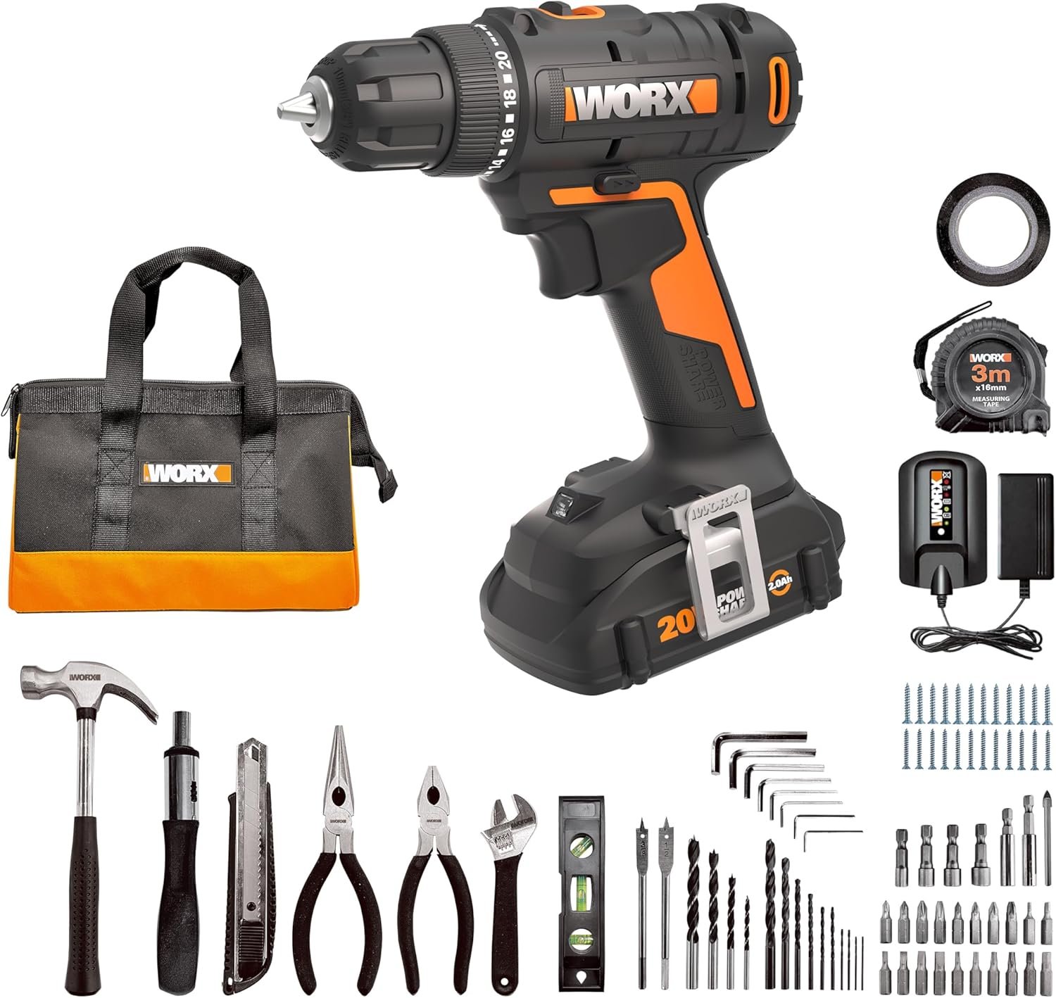 Worx 20V Cordless Drill Driver, 84pc Accessory Kit, Variable 2-Speed, 265 In-Lbs Torque, 20+1 Clutch, Lightweight, Compact, 3/8-Inch Keyless Chuck – Battery & Charger Included