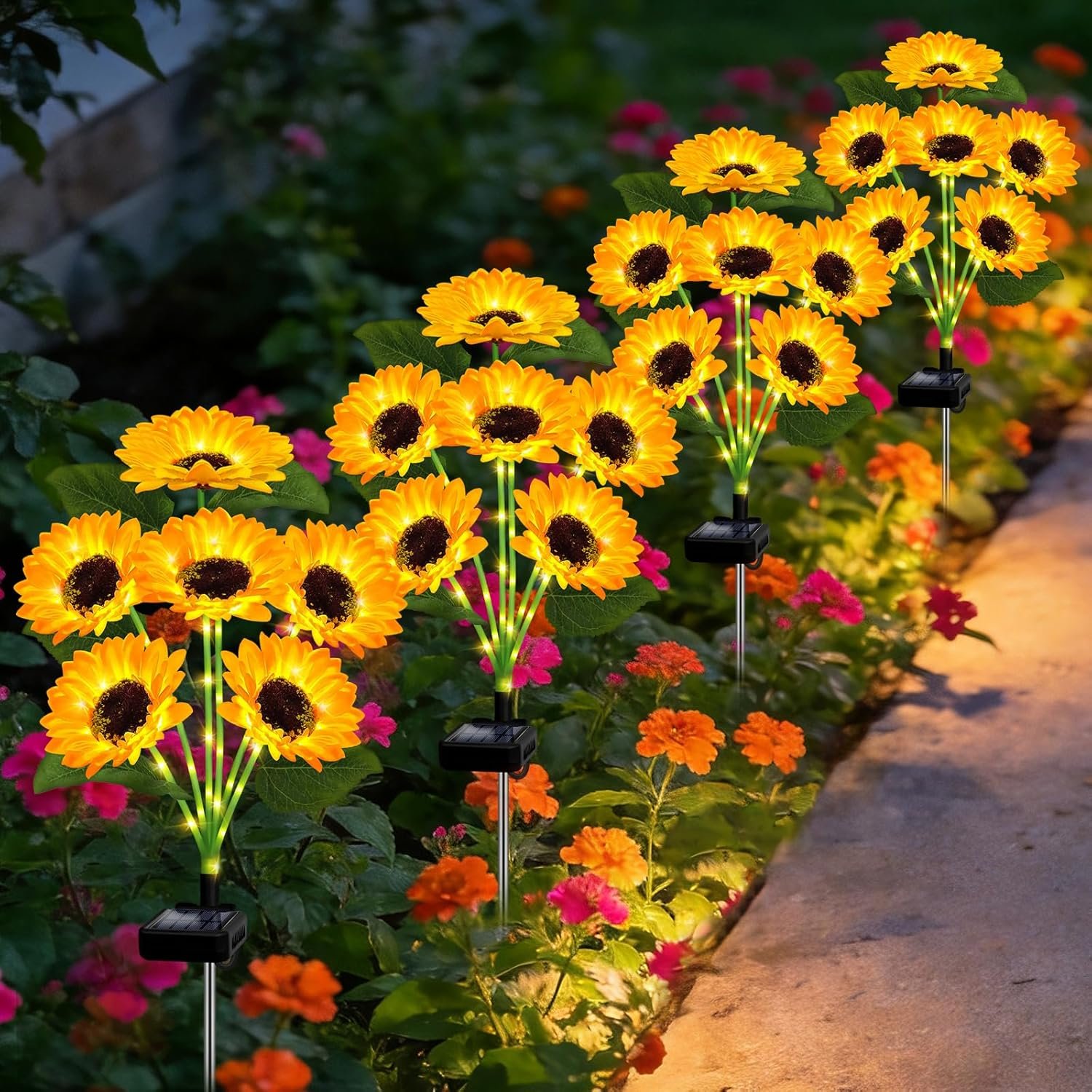 Solar Lights Outdoor Garden Decor,4 Pack with 24 Sunflower Lights,Solar Flowers Lights Waterproof,Birthday Gifts for Mom Women Grandma,Outside Decorative Stakes Light for Landscape Yard Patio Lawn