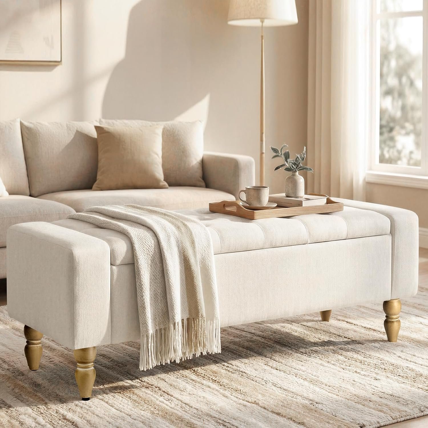 47 Inch Large Storage Ottoman Bench, Upholstered End of Bed Bench with Removable Lid, Diamond Tufted Seat, Wood Legs, Hidden Storage Organizer for Bedroom, Living Room, Entryway,Light Beige